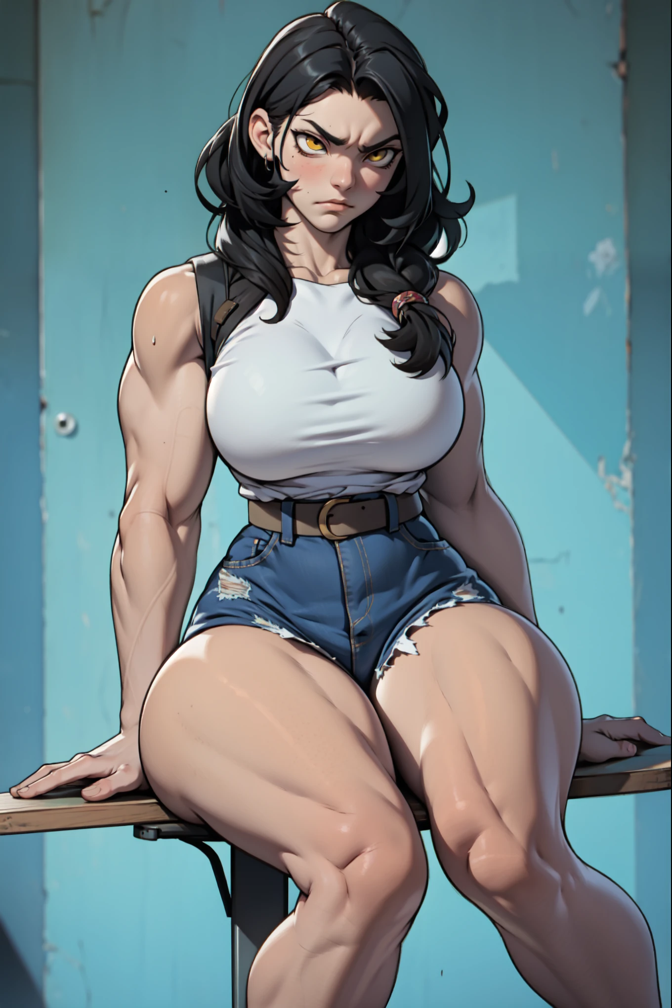 (((1girl bodybuilder muscular))) pale skin black hair very long hair yellow eyes long abs ((curvy wide hips thick thighs huge breasts)) ((flannel shirt jeans beanie ax lumberjack)) in the woods angry