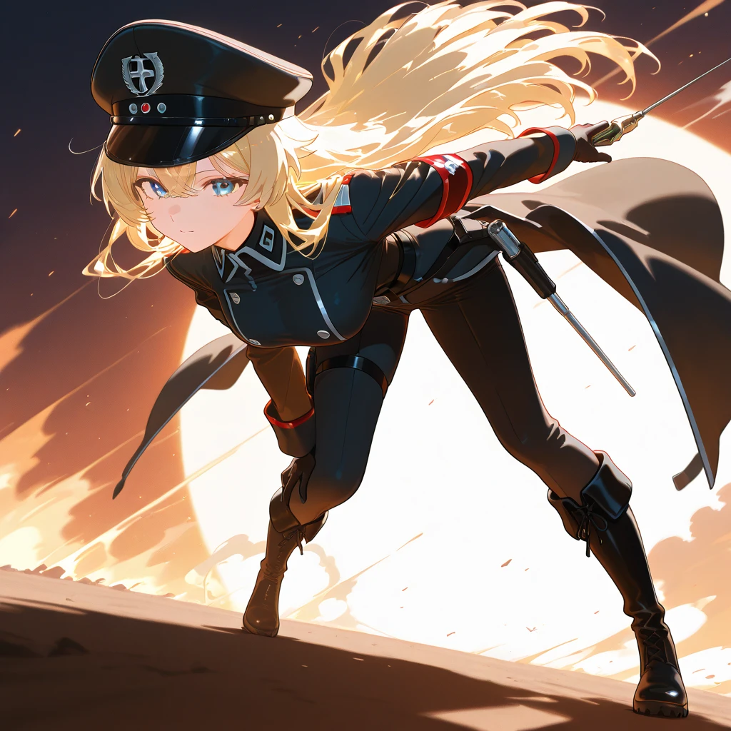 (Masterpiece:1.2), best quality, (illustration:1.2), (ultra-detailed), hyper details, (delicate detailed), (intricate details), (cinematic light, best quality Backlights), clear line, solo female, perfect body, (1girl), blonde hair, glowing blue eyes, (bismarck \(azur lane\) a woman wearing a black wehrmacht_outfit holding a sword, medal on left shoulder, wehrmacht_hat, white glove, carrying rigging_machine, turrets_equipped on the rigging_machine), ((makeup)), high contrast, (best illumination, an extremely delicate and beautiful), ((cinematic light)), colorful