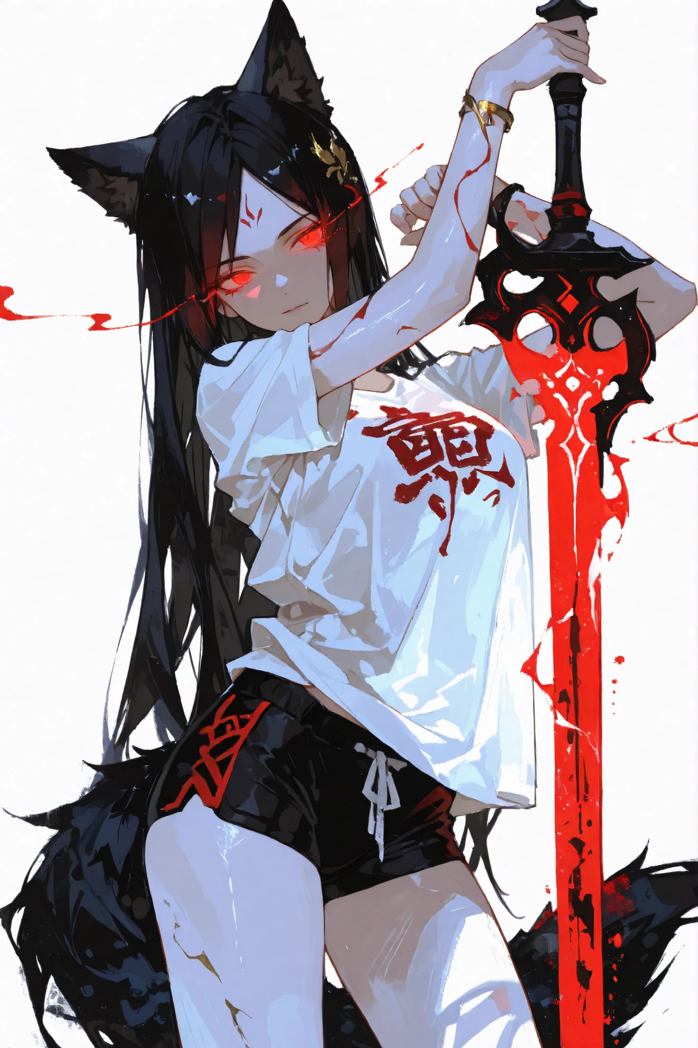 ( masterpiece), ( best quality), ( ultra-fine),( cool tones ), (1 girl),ink painting , 三维ink painting , Minimalist, Minimalist图形艺术, best quality,Portrait close-up, 1 Anime Female , White T-shirt,black sports shorts,((No bangs on the forehead )), Long Black Hair , red glowing eyes, Sensual white background ,Correct proportions ,( wolf ears,Wolf Tail),fair skin,Correct proportions,( delicate face ),( icy expression ), Bracelet,( Modern China ),(Fierce eyes),Cool Woman ,(with a Tang sword hanging around her waist),(Girl stretches her body),(((Handsome Girl Standing))),Perfect face,No hair accessories,(full body),Glowing plasma effect