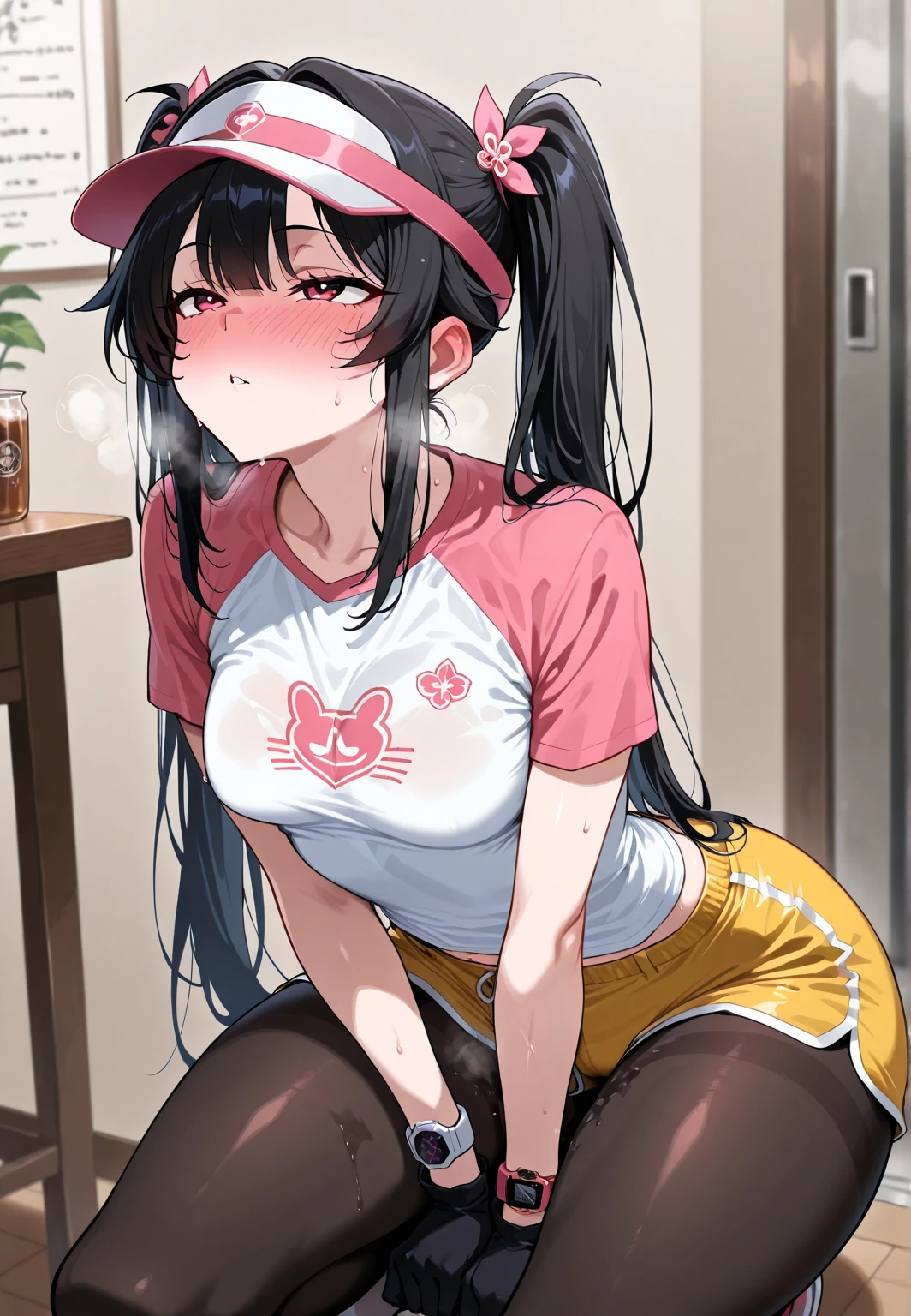 The woman has long black hair down to her waist, wears a cute pink hat, wears pink casual clothes and wears a fairly small skirt with white socks covering her legs up to her thighs, her expression looks like she is panicking and screaming, She is in the bathroom. Pregnant with an egg and the uterus produces white fluid and falls on the floor. and there are blackish green eggs around it