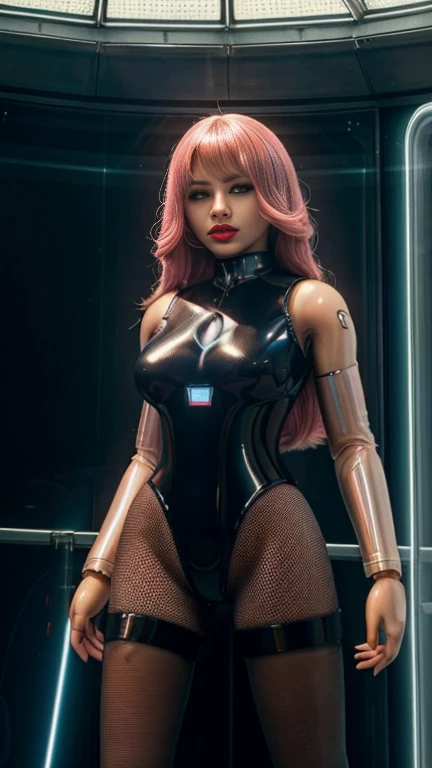 Ecchi chibi Barbie girl in black mirror shiny clothes, located in nighttime club, looking at viewer seductively + frown, bigger breasts