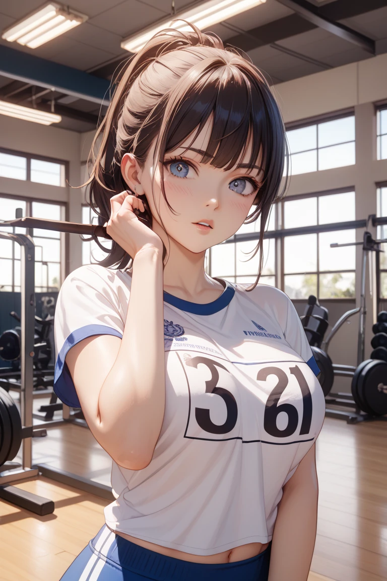 very cute and beautiful girl,(Very detailed美しい顔), (((Close-up shot of face、Open your mouth very wide、Sweating all over、White liquid))),blush,Black Hair,Seraphim,((short hair、Black Hair、Pink hair on the inside、Gal、Small breasts)),((Track & field athletes' uniforms)),((Reaching for the camera、Spread your legs、High angle、Dynamic Angle)), ((Small storage room in gymnasium、Dim lighting、vapor、Sigh、The expression of the limit)), (Highest quality,masterpiece:1.0),Absurd,High resolution,Super detailed,Very detailed,32k,8K resolution, Intricate details,Movie Scenes,Detailed Background,alone,Dynamic Angle,