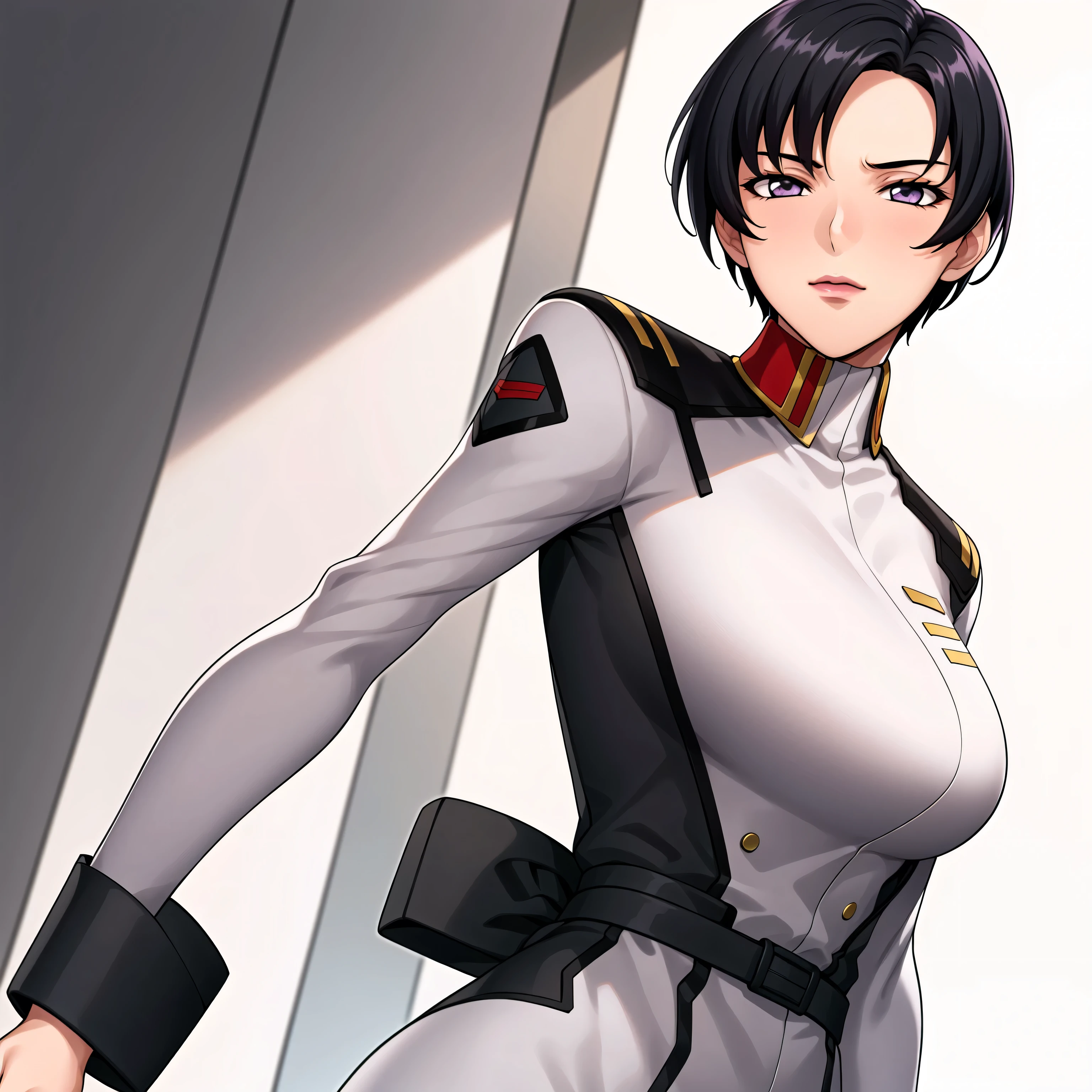 Simple White Background,
dynamic pose,standing at attention,
military, military uniform, long sleeves, white shirt,
purple eyes, black hair,bangs,short hair,
1 girl, 20yo,Young female,Beautiful long legs,Beautiful body,
Beautiful Nose,Beautiful character design, perfect eyes, perfect face,expressive eyes,perfect balance,
looking at viewer,(Focus on her face),closed mouth, (innocent_big_eyes:1.0),(Light_Smile:0.3),
official art,extremely detailed CG unity 8k wallpaper, perfect lighting,Colorful, Bright_Front_face_Lighting,White skin,
(masterpiece:1.0),(best_quality:1.0), ultra high res,4K,ultra-detailed,
photography, 8K, HDR, highres, absurdres:1.2, Kodak portra 400, film grain, blurry background, bokeh:1.2, lens flare, (vibrant_color:1.2),professional photograph,
(Beautiful,Breasts:1.0), (beautiful_face:1.5),(narrow_waist),