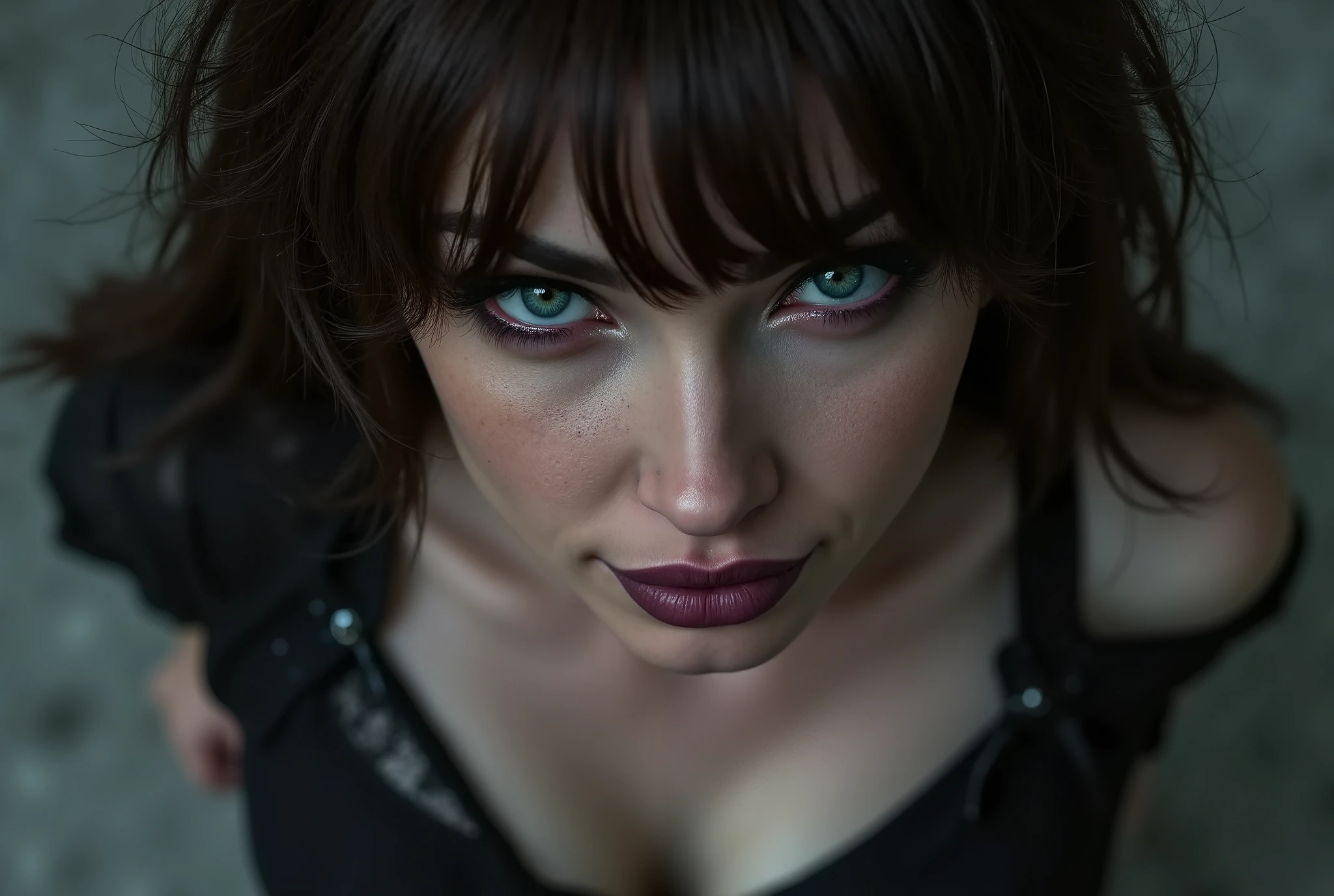 close up image of woman looking directly and intensely into the camera, her head slightly tilted down, intimidating, mischievous little smirk, piercing eyes, concrete background