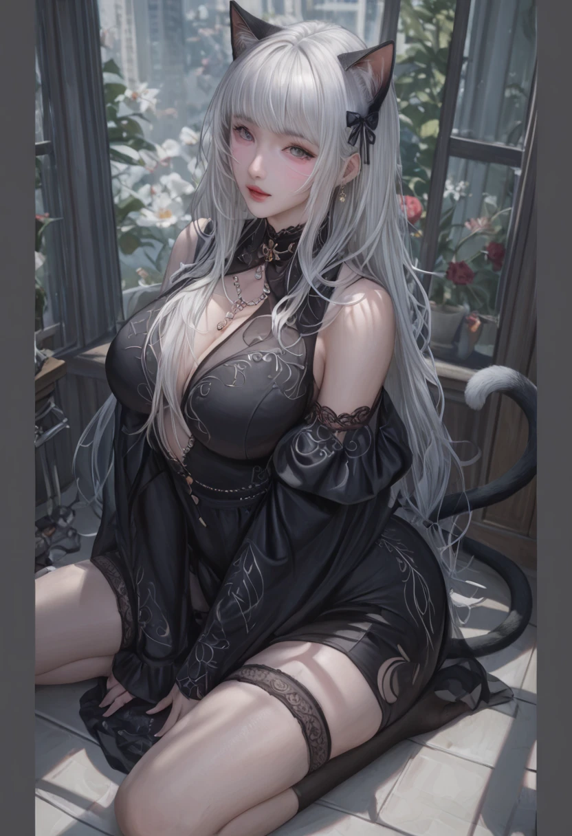 16K, Ultra High Definition, Super detailed, Shiny detailed hair, detailed face, fantasy landscape, solo, looking at viewer, {{best quality}}, {{masterpiece}}, {{ultra-detailed}}, {detailed light}, ultra high quality eyes, detailed eyes, perfect eyes, large eyes, detailed white eyes, beautiful lips, white hair, long hair, long braid, beautiful, skinny body, white skin, slutty, erotic, suggestive, cat ears and tail, (nsfw))
