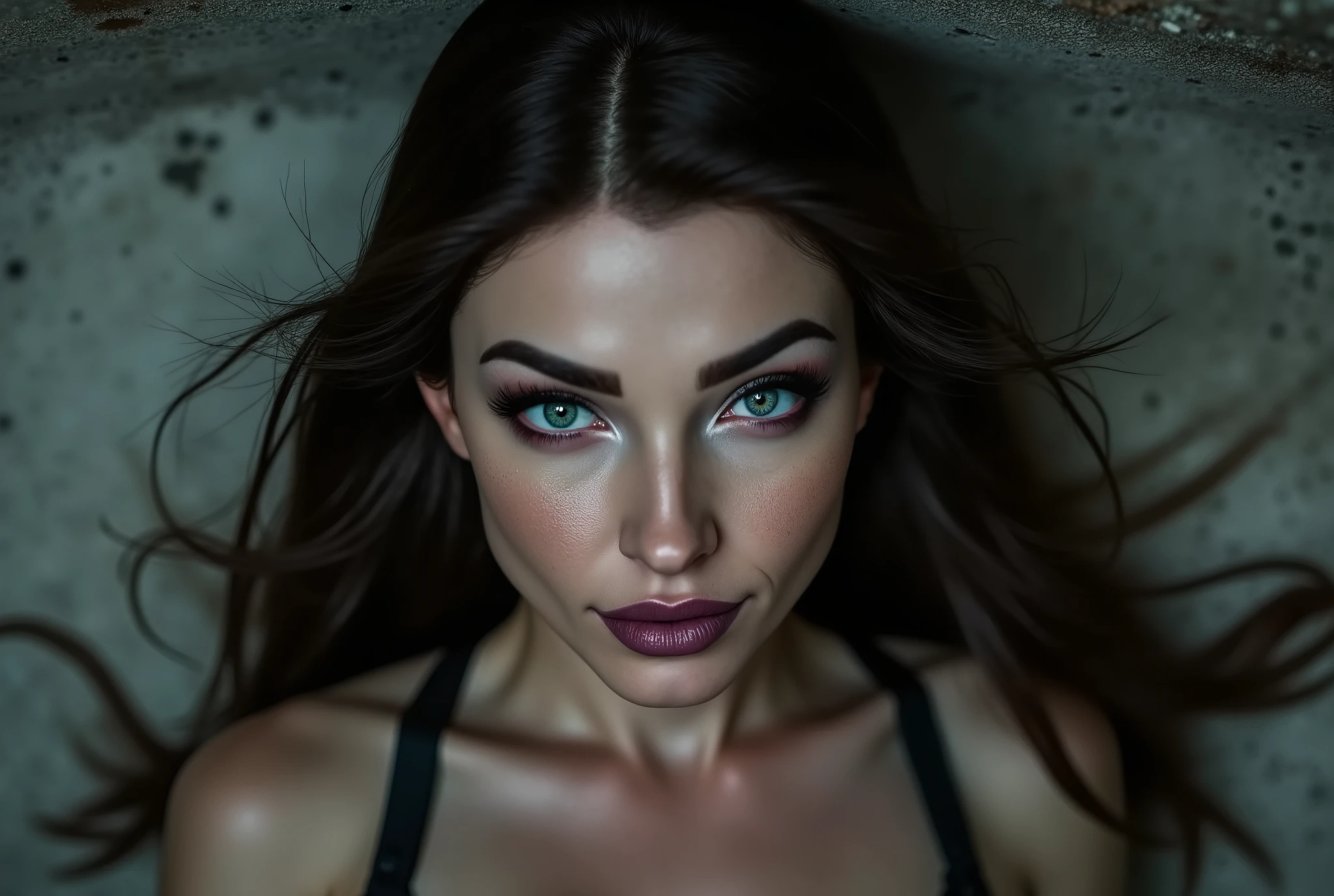 close up image of woman looking directly and intensely into the camera, her head slightly tilted down, intimidating, mischievous little smirk, piercing eyes, concrete background
