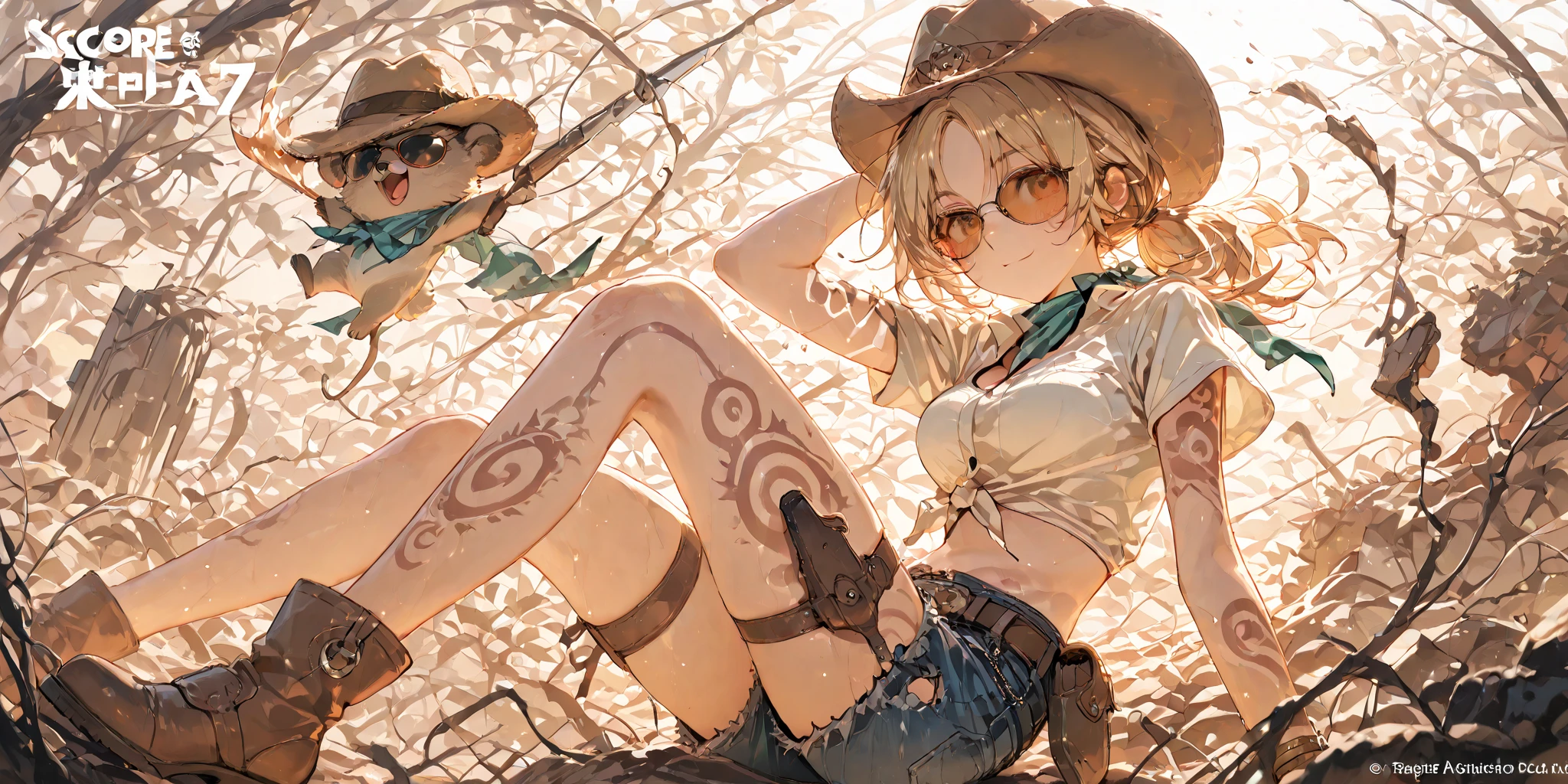 solo girl looking to the camera, cow bell choker, metal sandals, black and white bikini (cow pattern), black thigh highs, farm background