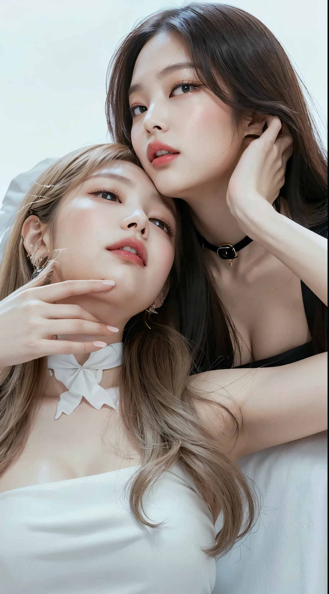 2girls、sprawl、Licking each other、Kiss face to face、embracing each other、When you open your mouth, The tip of the tongue touches、Yogurt in the mouth overflows and drips from the mouth、Top image quality、Raw photography、超A high resolution、16-year-old woman、big round chest、Thin and tight metallic gloss tube top、Thin and tight metallic red skirt、Metallic Gloss Knee High Socks、Leather boots、Beautiful Eyes of Details、very elongated eyes、Beautiful eyelashes、Beautiful double eyelids、Bright blonde shorthair、very slender physique、Glossy dark red lipstick、eyeshadows、eye line、Sad face、red blush、profuse sweat all over the body,、Turn your butt towards us、Sateen、Share a kiss、(thighs thighs thighs thighs:1.2)、Angle from below、Looking down here、