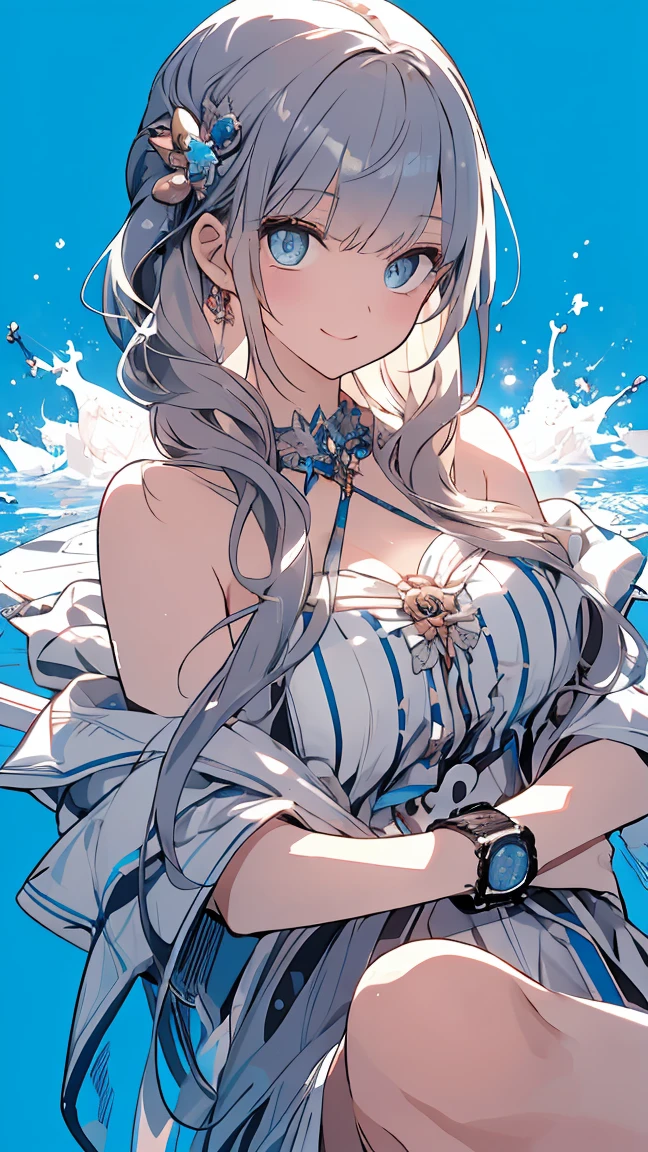 (Enrich the picture,Masterpiece level quality)Beautiful 8K CG artwork,1girl,(((solo))),morgan le fay (fate), blue eyes, Long Hair, pony tail,Very long hair, big boob, black bow, looking at viewer, gown, Hair Bow, thights,black dress, Bangs, side locks, French braid, grey hair,Goddess-like posture,Kneeling exercise,Slim and soft,Translucent skin,big breasts,