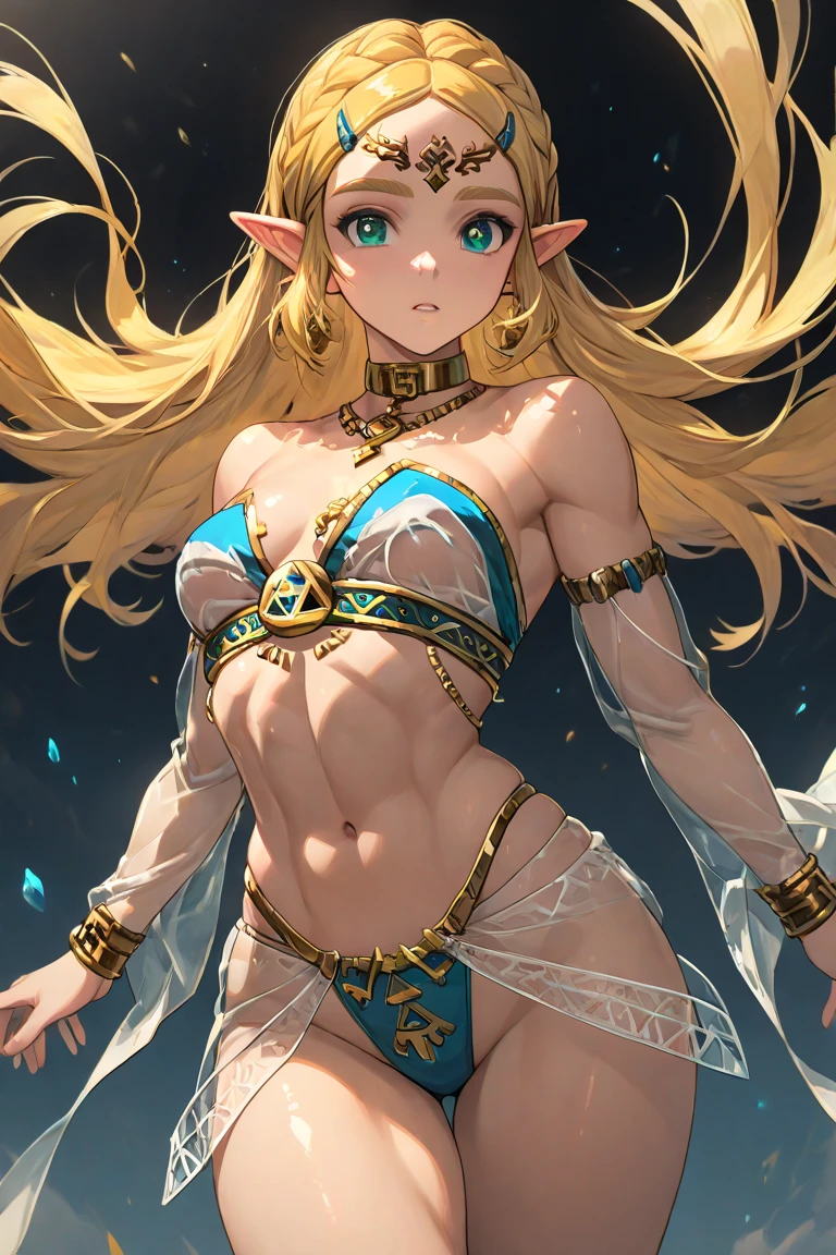 (Best Quality,Unparalleled Masterpiece:1.4),Ultra-Detailed CG 4K,(Ultra-Detailed Clear Absurdly-Vivid Mint Big Eyes:1.2),Gorgeous Round Detailed Face(Voluptuous:1.4)Elf(Voluminous Long Blonde Hair: 1.4),ADULT, nsfw, topless, (Bangs, Sidelocks:1.2), (Zelda), (Solo:1.4), (1Girl: 0.5), (from below:1.1),Skindentation(Curvaceous:1.4)(Curvy:1.4), (Bimbo: 1.7), (Normal Waist: 1.2), (Thick Lips: 1.3), small-nose, (light smile: 1.2), (shy blushing face:1.4) dynamic pose, strip_club_venue, stripper_girl, (leaning against pole), night club background, full body, 3gypt1anb3llyD, barefoot, midriff, dancer, (cyan) belly dancer, stripper pole in foreground, dancing, stripper pole in foreground, dynamic pose, strip_club_venue, private_strip_session,