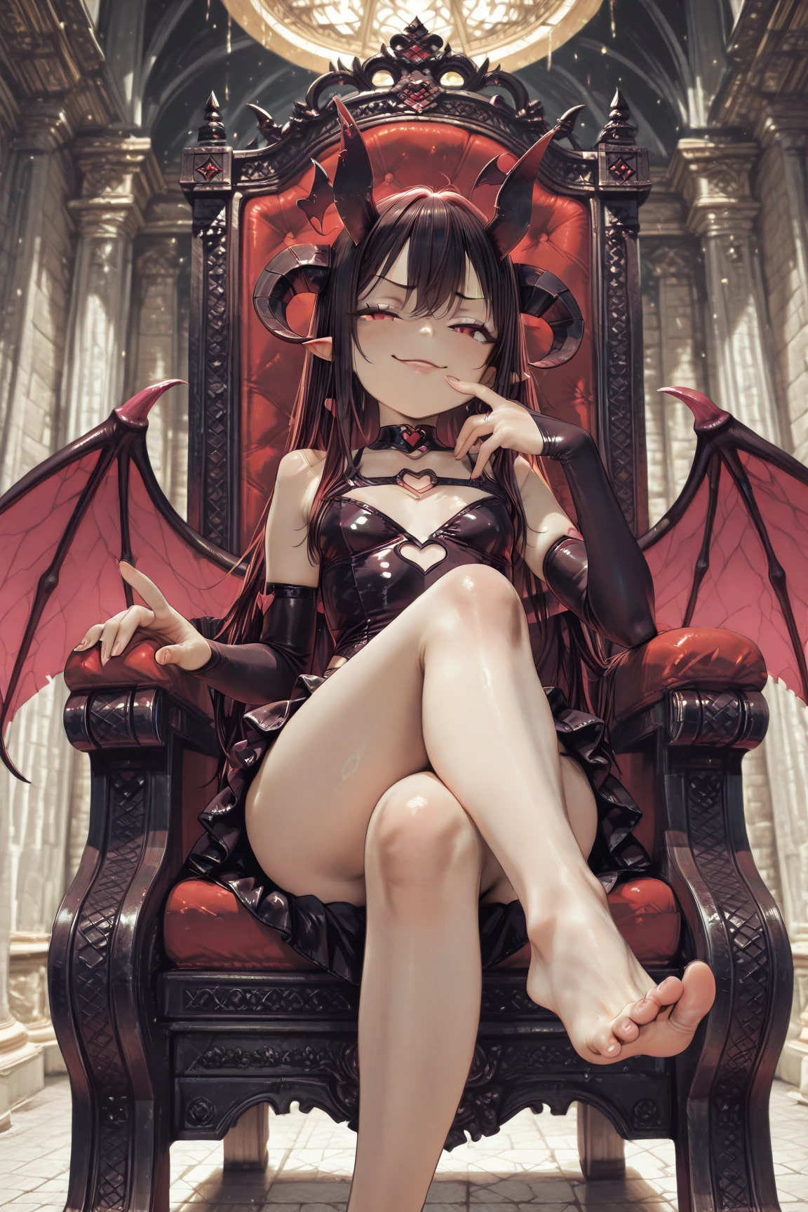 highest quality, masterpiece, ultra high resolution,detailed face,detailed eyes,detailed feet,five fingers,two legs,1 girl,succubus,sexy,A woman with adult charm,look down here,angle from below,close distance,emphasize the legs,sit,cross your legs,barefoot,put one foot in front of the other,black hair,straight long,mini skirt,Tube top,belly button,uterus shape tattoo,suite,eyes are heart,blush,Trance,smile,luxury chair,dark,night,luxury room,candlestick,fire,