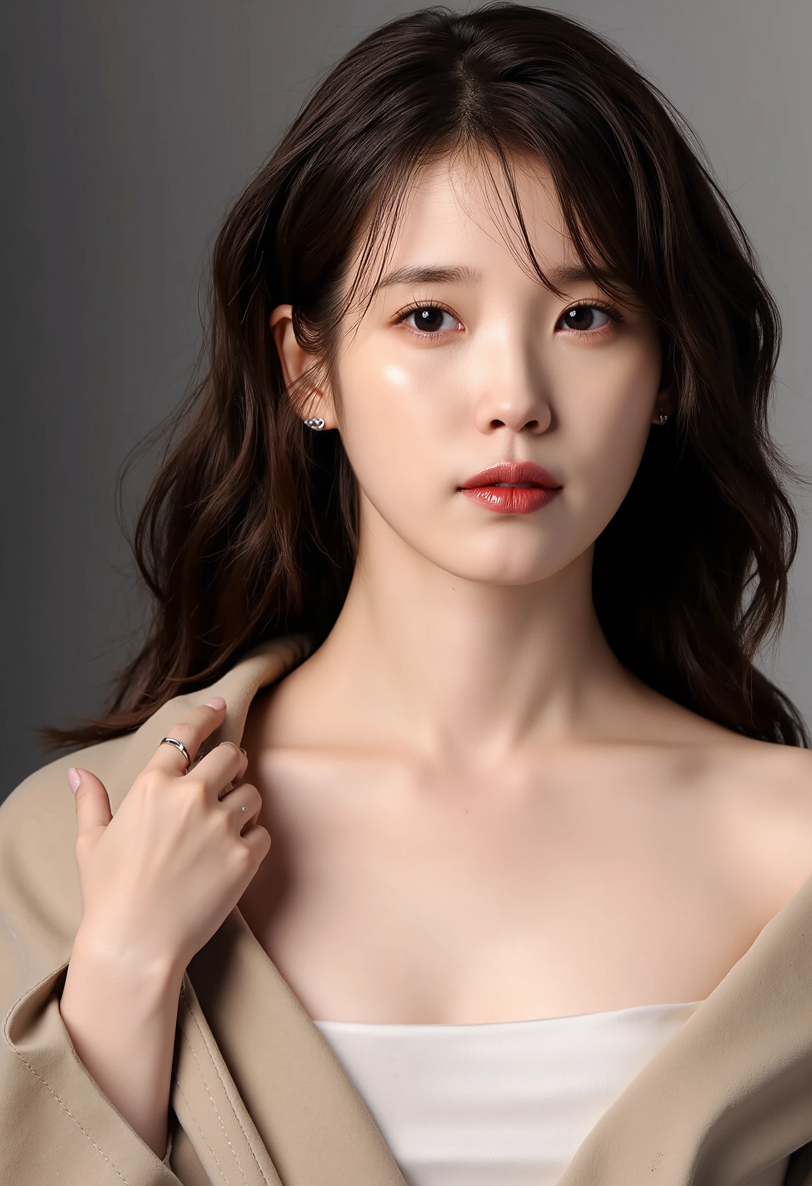 ((top-quality、8K、masuter piece:1.3))、1 female、Beautiful girl emphasizing slender abs:1.3、爆乳:1.2、Pose Seductive、Sexually seductive facial expressions、Open your crotch、that are about to spill、Red off-shoulder、Nipples that seem to be visible、Cinematic lighting、hyperdetailed face、High detailed lips、A detailed eye、二重まぶた