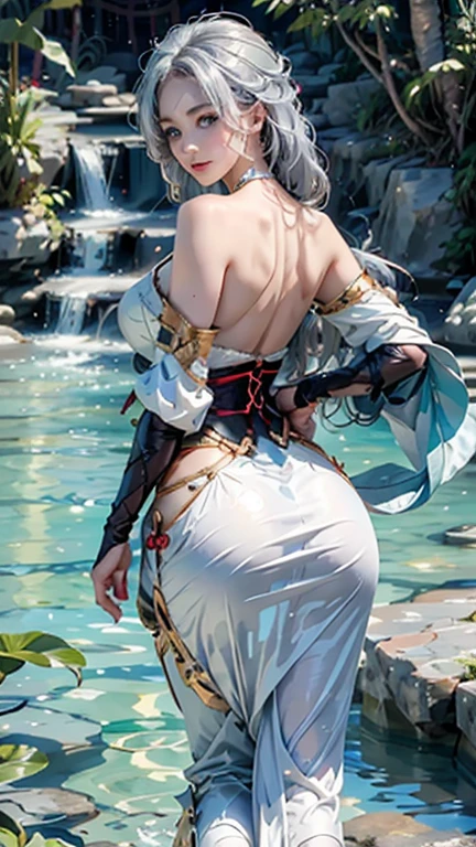 Anime girl in white lingerie posing in front of pond, Cute and sexy, rossdraws global illumination, ross tran. scenery background, guweiz, Guweiz style artwork, smooth digital concept art, Popular topics on cgstation, Ross Painting 1. 0, 8K high quality detail art, smooth anime cg art
