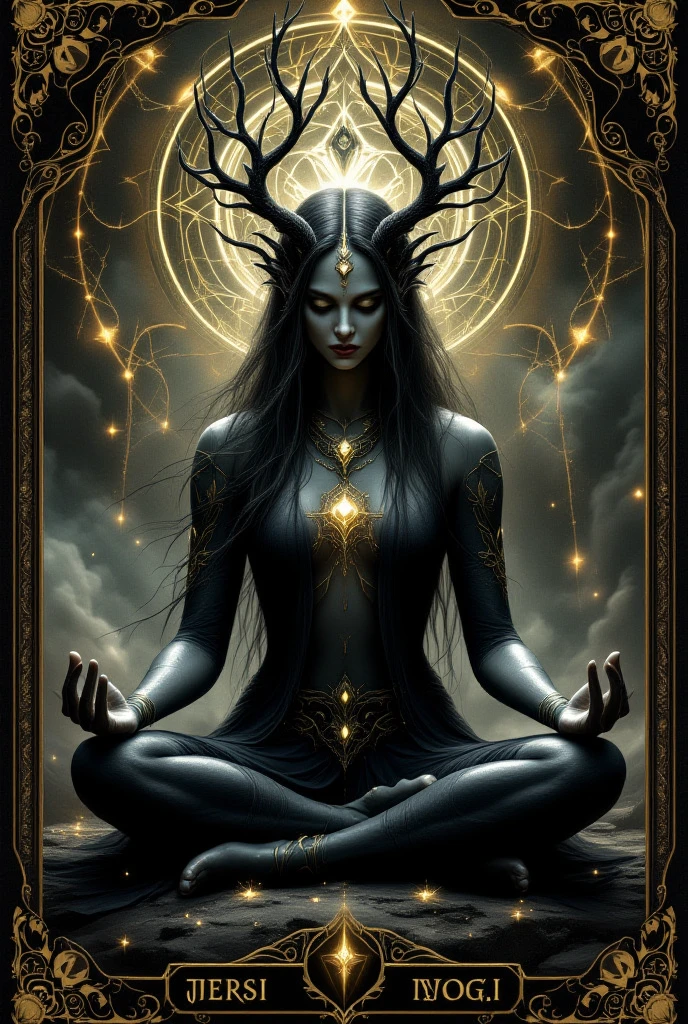 
 A human figure is meditating in the lotus asana,Glory of darkness triumphant,seraphic deviltry, cosmos,dark green, black and dark grey,female, sweet, three quarter wiew,entire figure from head to toe, fractal background, abstract art,digital art

