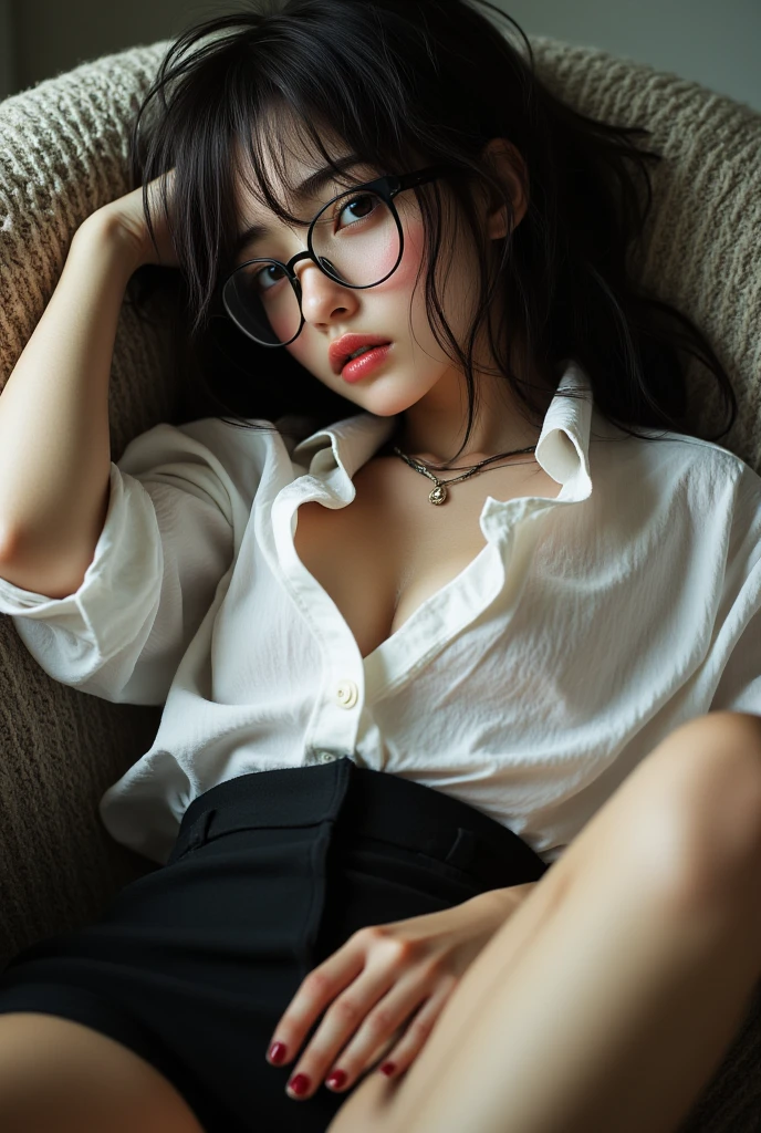 ((best quality、masterpiece、high sensitivity、high resolution、detailed depiction、depicting a delicate face、Ｆvalue：6.0),((Slender Woman、wearing glasses)),loose shirt、tight skirt、Lie down on the sofa、
