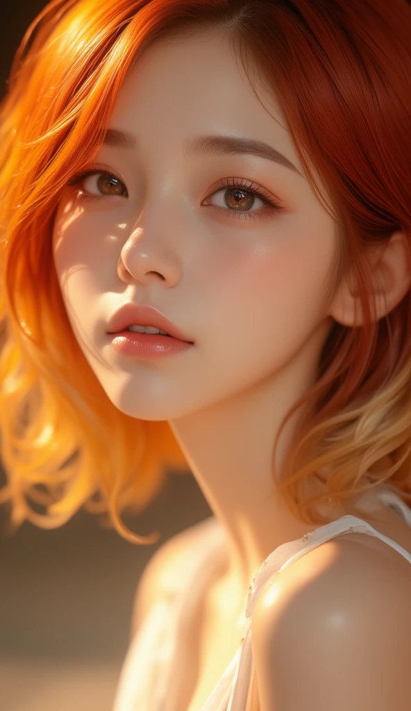 masterpiece, best quality, cinematic photo, anatomically correct, digital art illustration, 20-year-old innocent woman, pale skin, polish, pronounced feminine features, (stretching), t-shirt, straight red hair, liases eyes, large breasts, (cosmic background), dark illustration style, (8k, dynamic composition, photorealistic, sharp focus), elaborate background, cinematic, rule of thirds, backlight, film grain,  intricate details, fine details,