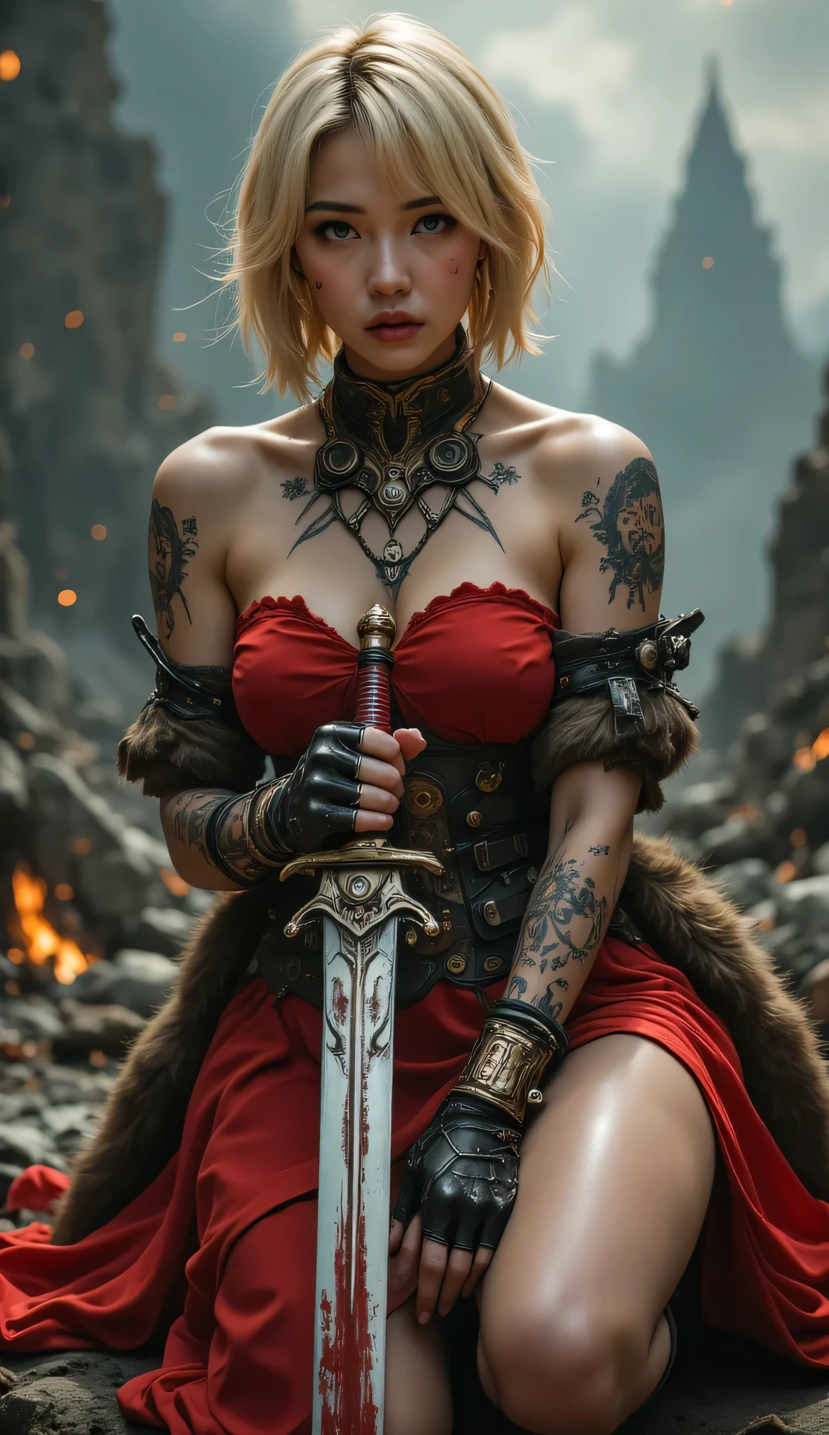 A powerful Asian female warrior with short golden-blonde hair and a determined expression, kneeling on rugged rocky terrain. She wears a flowing red dress inspired by betta fish fins, accented with subtle steampunk elements—now weathered and battle-worn. Her exposed arms are inked with highly detailed tattoos of mythical mechanical patterns across her shoulder and upper arm. She grips a beautifully crafted sword etched with ancient runes and intricate engravings—its blade streaked with fresh blood stains, glistening in the firelight. Her outfit is layered with fur, worn leather, and battle-scarred armor, fusing elegance with survival. Behind her, a dramatic fantasy landscape burns beneath a smoky, ember-filled sky. Firelight reflects off distant cliffs and the ruins of a fallen world. Floating embers drift through the mist. Capture the essence of a time-warped warrior: fierce, mysterious, resilient. Photorealistic, cinematic lighting, 16:9 aspect ratio, ultra high detail.

