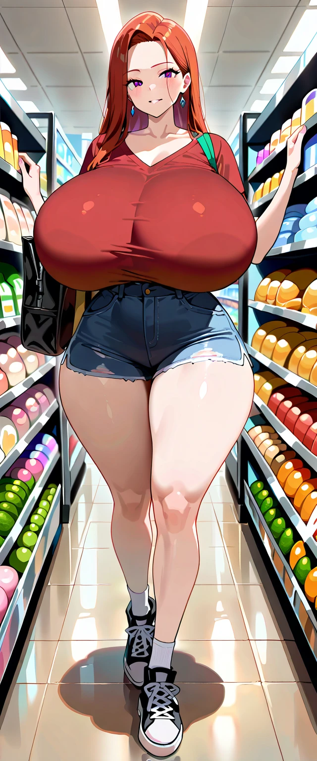 ((highres)), Masterpiece, high quality, best quality, beautiful, perfect lighting, detailed face, ultra cute face, cowboy shot, ((1girl)), ((solo)), looking at viewer, skindentation, ((blushing)), shocked, embarrassed, short orange hair, green eyes, glasses, freckles, jeans, tank top, jacket, tight clothes, full body, grocery store, standing in a grocery store, hand on hip, medium breasts, perky breasts, cleavage, ((wide hips)), ((thick thighs)), chubby,