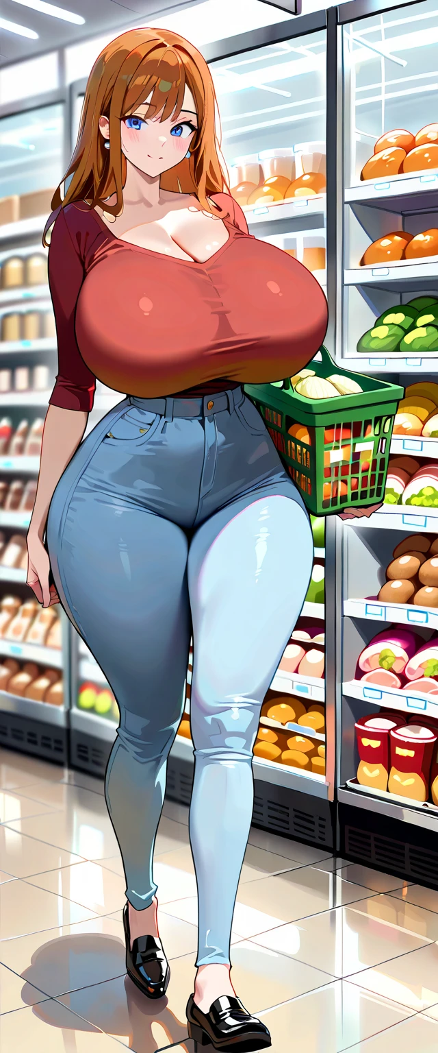 ((highres)), Masterpiece, high quality, best quality, beautiful, perfect lighting, detailed face, ultra cute face, cowboy shot, ((1girl)), ((solo)), looking at viewer, skindentation, ((blushing)), shocked, nervous, short orange hair, green eyes, glasses, freckles, jeans, tank top, jacket, tight clothes, full body, grocery store, arms behind back, medium breasts, perky breasts, cleavage, ((wide hips)), ((thick thighs)), chubby,