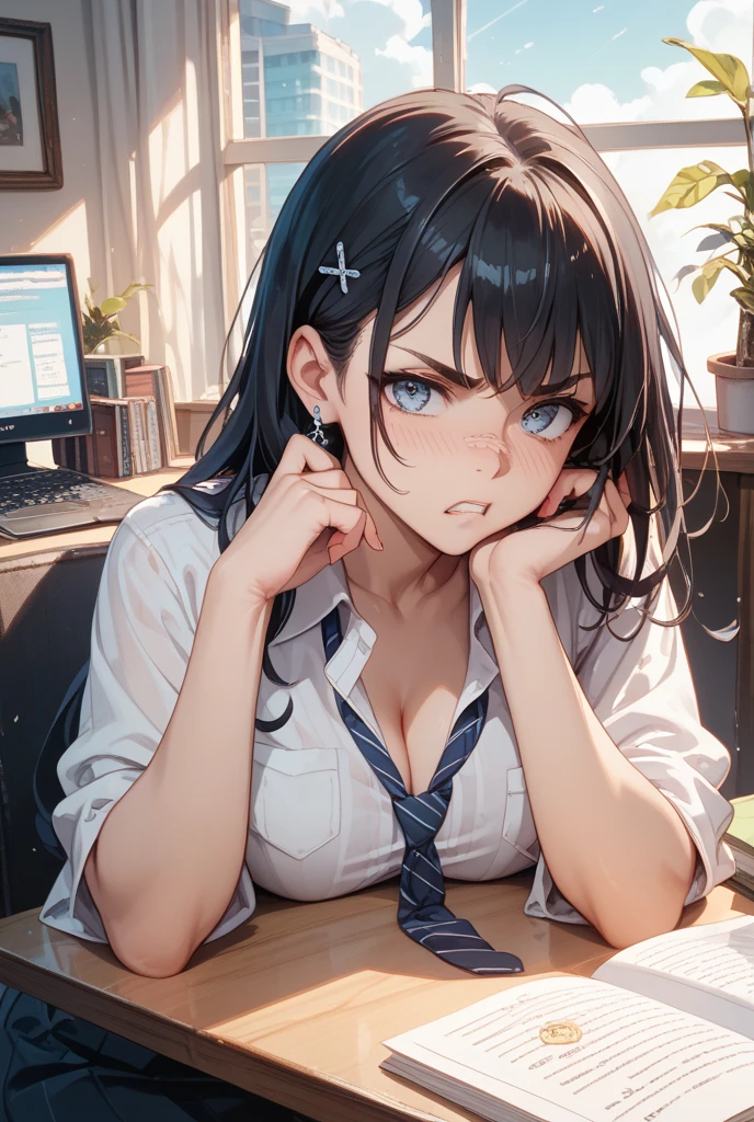 最high quality、best image quality、masterpiece、teenage girl((18-year-old、 By becoming、vest bust、medium bust,wide open breast tea、black eye, gray hair、long hair、thin,highest valley、Black Y-shirt、Black Recruit Suit,Have a document、face forward、sit on a chair、tired face、Using the computer、rest one's chin on one's chin、Dark circles in the eyes、dye one'cheeks are red)),high quality、beautiful art、background((company office、Affairs machine、office chair、Laptop、Office at night))debris flies、Depth of written boundary、movie、visual art、perfect art、8K,genuine