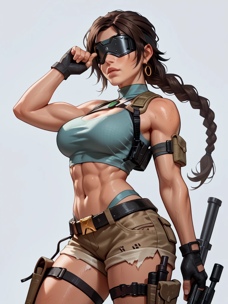 Lara croft, Very big tits, wearing Little thong, lingerie, straps in her legs , pony Tail hairstyle, holding a shotgun In her hands, she Is the jungle