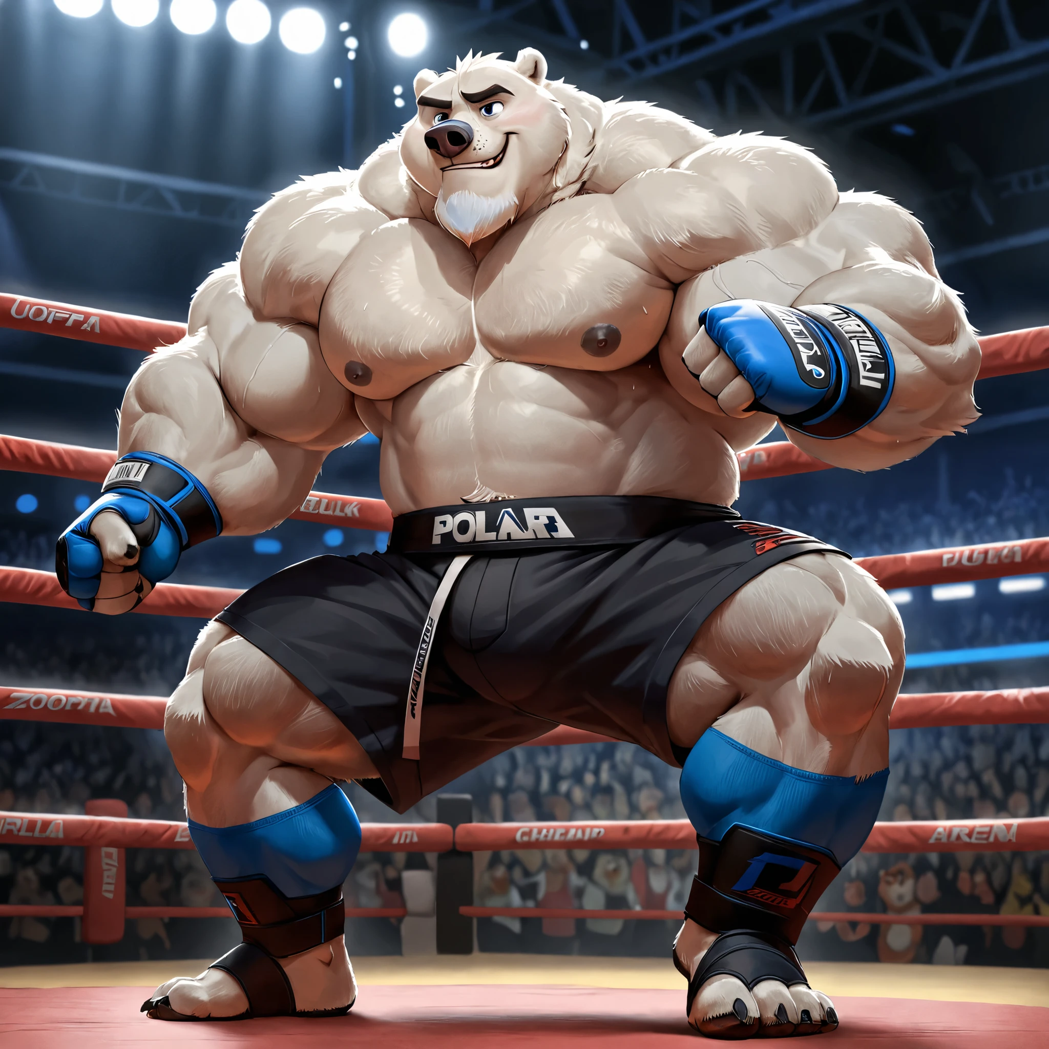A huge muscular polar bear in hidden underground arena, big smirk, polar bear, huge white fur, thick arm, huge arm, white mustache, white bearded. Short white hair, (huge thick muscular, huge pectoral, wide pectoral, thick arms), bulky, bulking, bulk, hulking, 800 lbs of more muscles in his body, correct anatomy, added eyes with blues pupils, arena, fighting ring, Zootopia, 8k, masterpiece, (wearing black mixed martial arts short pants with blue slits, mixed martial art fingerless gloves with blue pads, black toeless footwear and shirtless and topless), uppercut punching motivations. Champion
