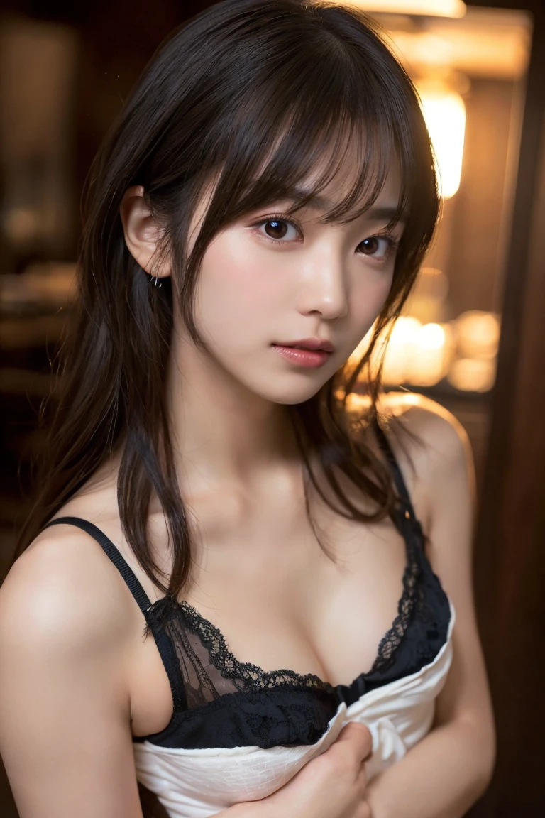 (masterpiece:1.3),( beautiful:1.2),(high quality:1.2),(finely detailed:1.2),(beautiful eyes:1.5),portrait,realistic, 3d face, (glowing eyes:1.1),shiny hair, lustrous skin, solo, embarassed, midriff,ponytail hair,braided hair, blunt bangs,(lingerie:1.3),full body,small breast, flat chest