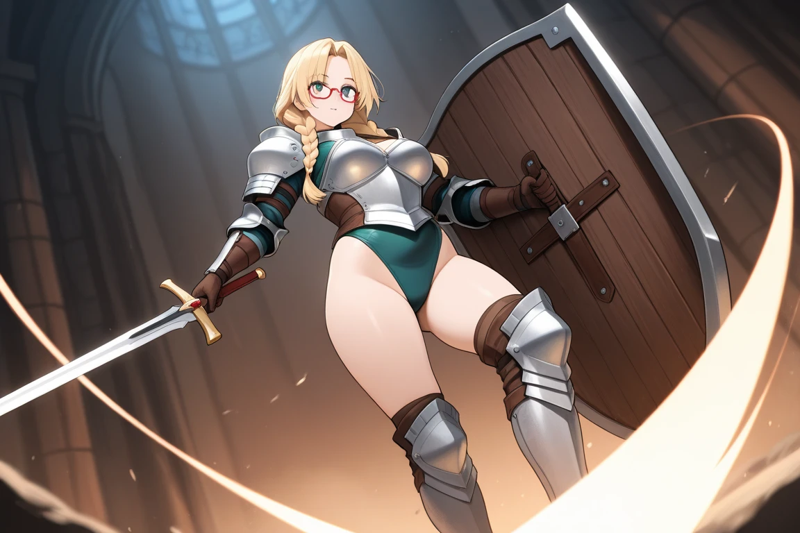 ((Best quality)), ((Masterpiece)), (detailed), perfect face perfect figure, female knight, Middle Ages, woman in knight's armor and leather clothes, blonde with blue eyes, One woman, juicy ass, In the forest, forest background