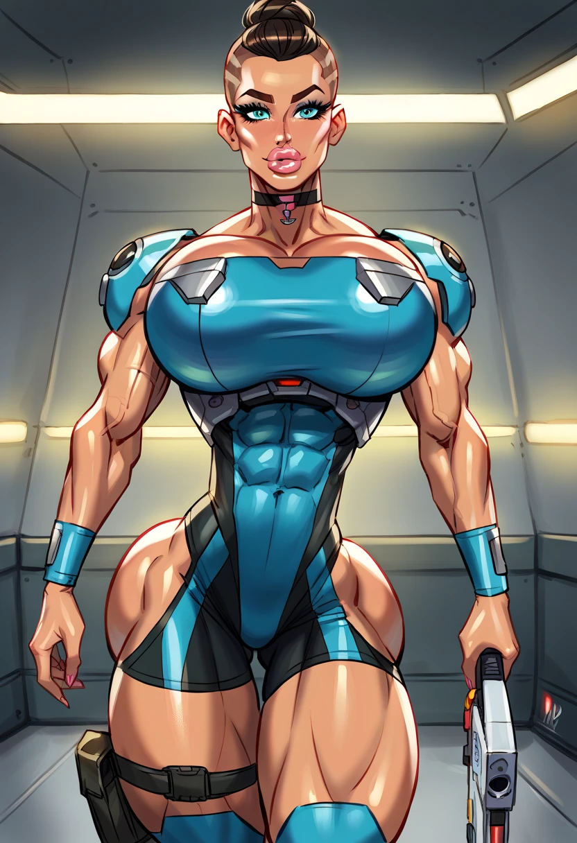 (((1 girl))),  cute, ((agent honeydew)), (gigantic breasts:1.2), denim jacket, black top, black hair, short hair,  side parted hair))), dynamic poses, realistic style, depicting in various action scenes, from intense battles to lighthearted moments, with dramatic speed lines , capturing the excitement and energy of the story, Attack forward with palm, ((((huge muscles))))