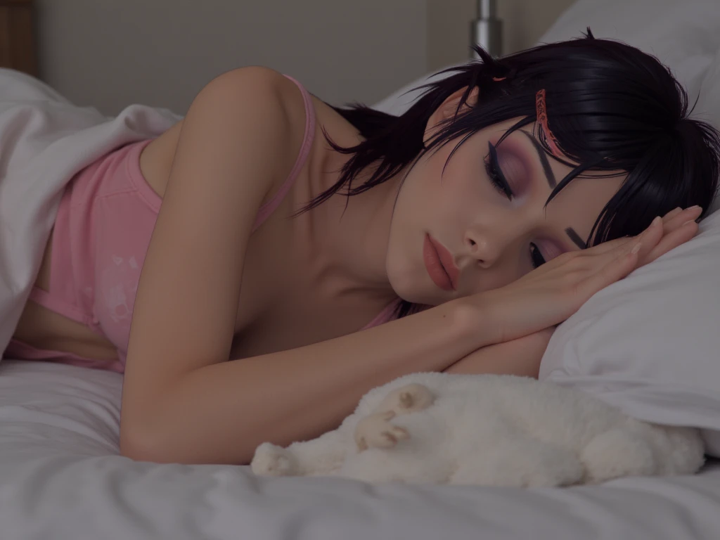 (1 chica junkotvv), ojos rojos, pelo negro, coletas, orejas de gato, pecas en el pecho, pelo largo,, x adorno, labios grandes, bonitos labios, ((Arreglalo)), Arreglalo hairstyle, animado girl in pink heart underwear laying on bed with white sheets, seductive animado girl, grueso, mostrando culo, gran culo, bottom angle, animado,