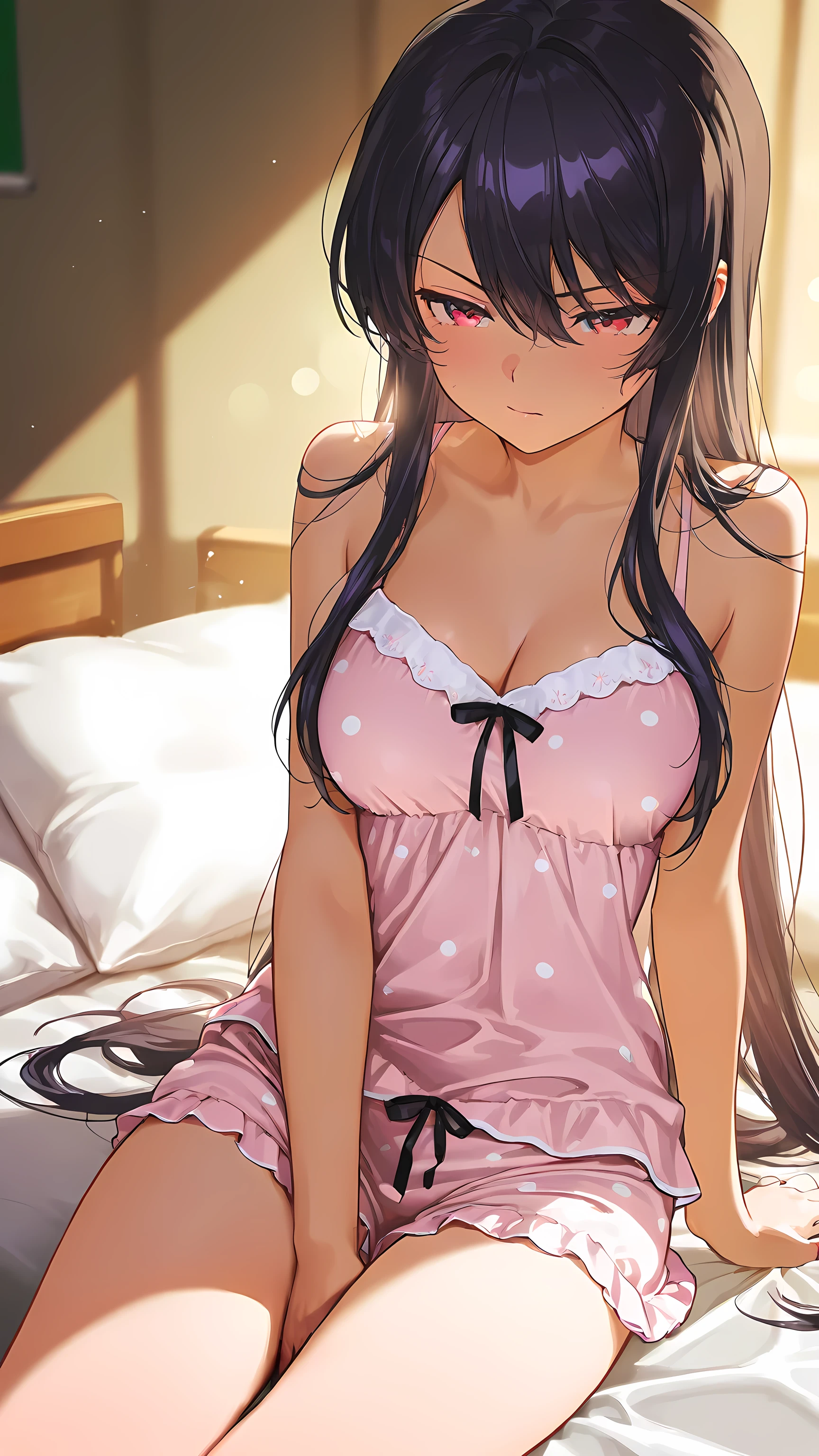 masutepiece、hight resolution、1girl in、Cute anime illustration、in one's underwear only、Floral Lingerie、Glossy look、large full breasts、
