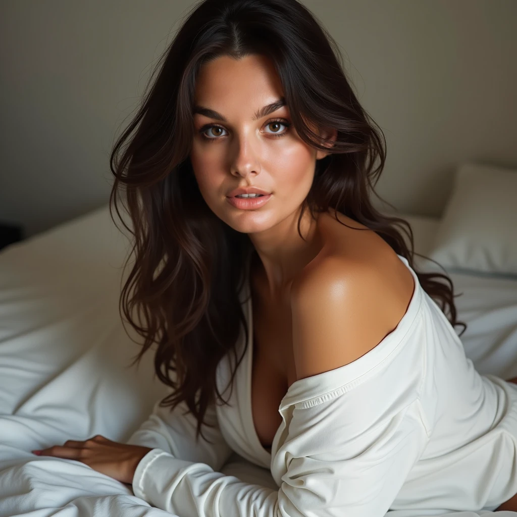 there is a woman laying in bed with a white dress on, posing in bed, reclining on bed, a beautiful woman in white, boudoir photography, wearing white camisole, soft pale white skin, gorgeous woman, beautiful soft lighting, boudoir, photo of a beautiful woman, posing in a bedroom, laying in bed, a beautiful young woman
