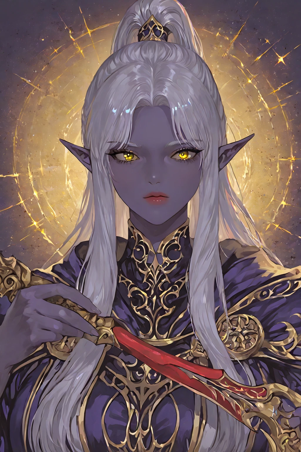 ((ultra realistic illustration:1.2)),(dark fantasy:1.4), In a mystical forest. Beautiful Elven mage. Wild (magenta hair), violet eyes, ((very pale:1.4)), beautifully fit figure, small perky breasts. (tribal war paint), leather bustier, cape, thigh high boots .Masterpiece, (highly detailed:1.2),(detailed face and eyes:1.2), 8k wallpaper, natural lighting. core shadows, high contrast, bokeh.