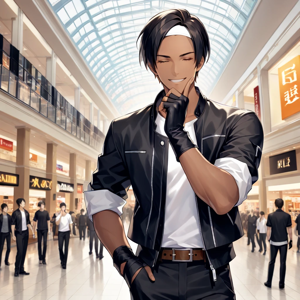 One male, short hair, shirt, smiling, black hair, eyes closed (brown skin), boy, ((black jacket with rolled up sleeves), open jacket, black fingerless gloves, white T-shirt, ((white headband)), black long pants, brown belt, white shoes, facial expression, (hand to chin), arms bent (hand on chin), male focus, silver watch, grinning, ^ ^, black pants, facing viewer, bright shopping mall background, bright grain, outward appearance, very beautiful, top quality