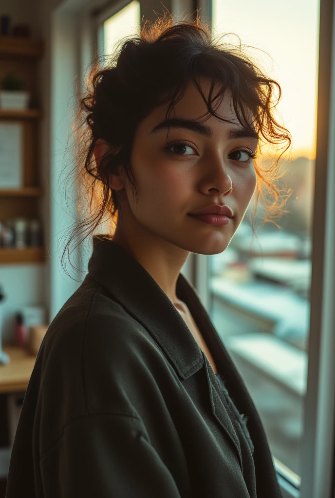 ((best quality)), ((masterpiece)), (detailed), perfect face (((ultra realistic))) Photo, masterpiece, top quality, (pale skin), (Ultra detailed face and eyes:1.3), 1 girl, Adult, in a T-shirt, (Eye makeup, mascara) , ((large detailed lips)), ((Dark wavy hair)), ((Chyolka)) , (Natural breasts), Slim waist. ((Posing)), photoshoot, studio (soft lighting), (The play of light and shadows), depth of field, bokeh, (special attention to skin detail: 1.2), Detailed leather texture, skin pores. (Warm atmosphere of the frame. Color range - black, purple, Pink, blue tones), UDR, ((Film grain)), ((rays)), ((glare of the sun)), ((Photo to the waist, close to the camera)) , ultra detialed,