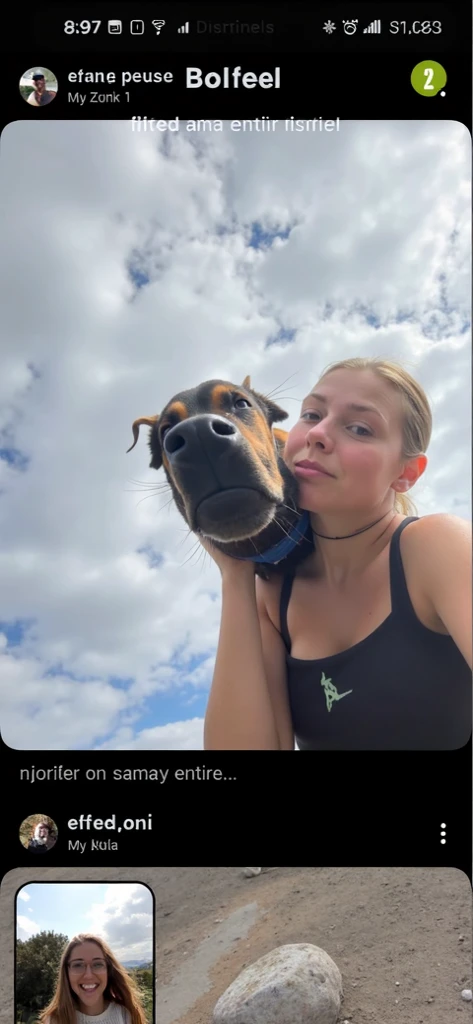 Brie Larson (age 25, colorful bikini) playing with a big happy dog, licking face, backyard fun, scene of happiness