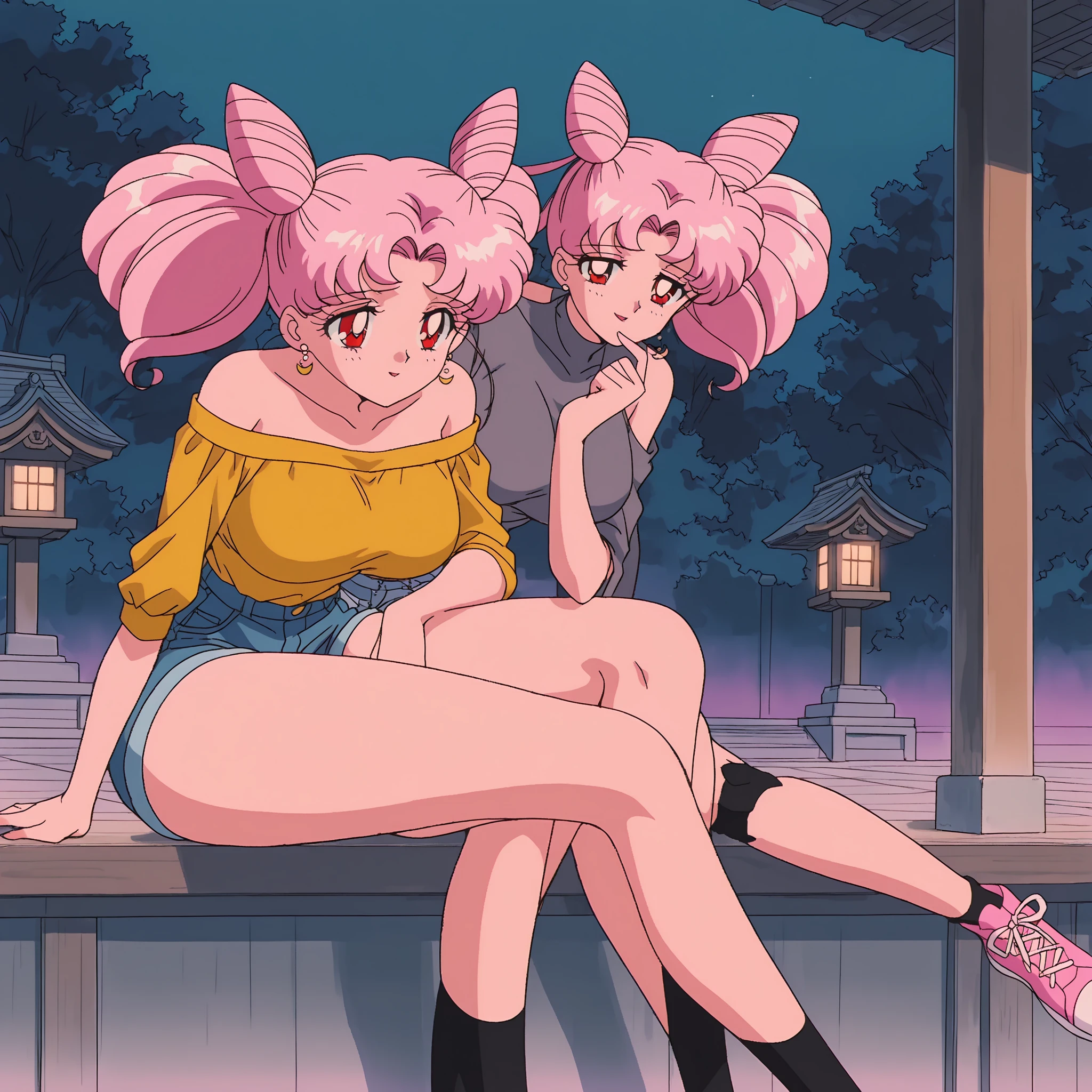 obra maestra, Mejor calidad, absurdos, perfect anatomy, 1 chica, Solo, SMMoon, 1990s \(Estilo\), Sailor Chibi Luna Cabello Rosa, agacharse para acariciar a un cachorro, Petting a small dog,  Sonrisa, tiro de vaquero, Uniforme Sailor Senshi Rosa, Collar marinero rosa, falda plisada rosa, guantes de codo, en postura de espalda, Show off your loot, backward, No thong booty, cuerpo completo, bending down to pet en postura de espalda, Mirando hacia abajo a un cachorro