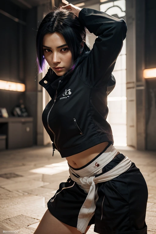 Moisturized skin, (red eyes: 1.4), perfect body, adult female body, mature, cold expression,
BREAK,
(beautiful navel), (kunoichi), (ninja), sexy, (kunai), (leather), fishnet, (fishnet stockings: 1.2), (black clothes), bright red lipstick, (ninja clothes: 1.4),
BREAK,
(highly realistic hair: 1.2), spiky black hair, spiky hairstyle, ((headgane)),
BREAK,
((masterpiece + highest quality + high resolution + highly detailed)), (full body: 1.2), symmetrical, one shot,
BREAK,
(real blue electricity flows), (Wind blows), (Battle stance: 1.4), ((A big full moon in the sky)),
BREAK,
(Uchiha Sasuke: 1.3), Elegant, Neon city, night, long, big, thick rope tied around his waist, ((Real purple electricity runs through the whole body)),