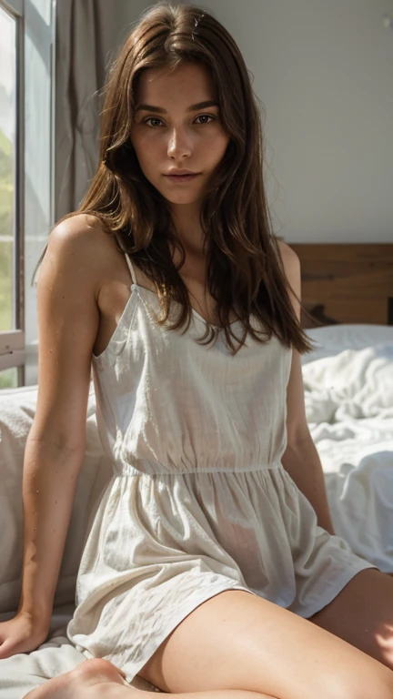 Best quality, hyperrealistic, details, 8k, , fifteen ad, paleness, big blue eyes, very white skin, small nose, short brown hair with bangs, white nightgown, room, melancholy