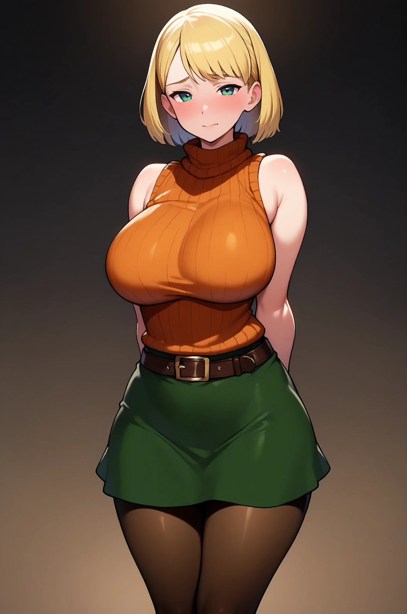 (masterpiece, Best Quality), 1girl in, Ashley Graham RE, ((1girl in, Solo)), (orange sweater, turtleneck, sleeveless sweater, Green skirt, ultra mini skirt, ultra:1.25, short skirt:1.25), Brown eyes, (get down on your knees:2.0, open legs:2.0, exposed erotic panty:1.15), (Blonde hair:1.55, Short hair:1.2, bob cuts:1.1), (Perfect slim body:1.5, Tongue out:1.75, exposed armpit:1.35, Exposed shaved armpits:1.35, ultra gigantic tits:1.5, SuperHuge boobs:1.5, ultra gigantic tits:1.5, ultra huge cleavage:1.5, In an abandoned hut, Spooky Village),