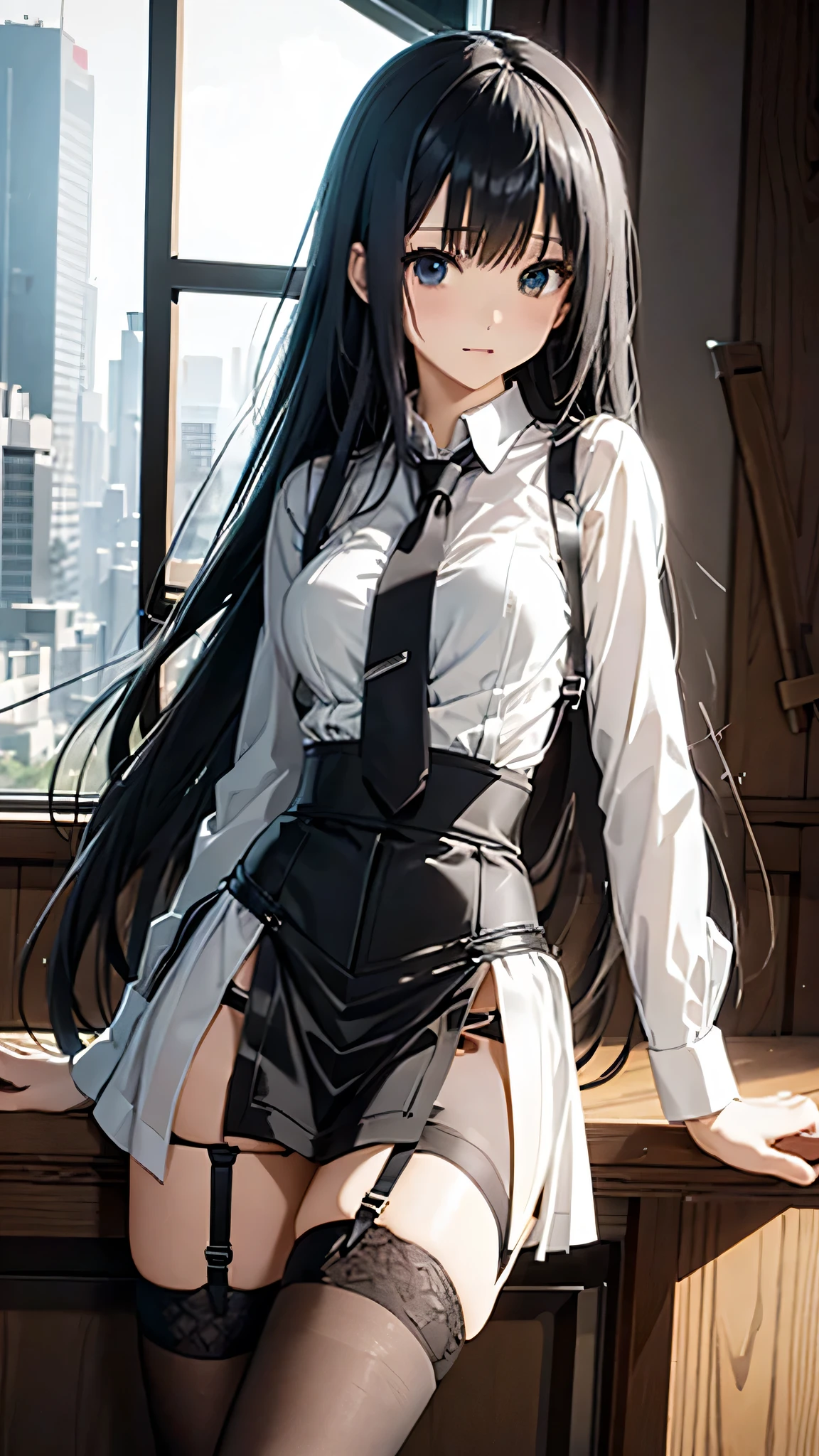 Black long straight hair woman,White shirt top,,underwear,pantyhose,Standing,indoor