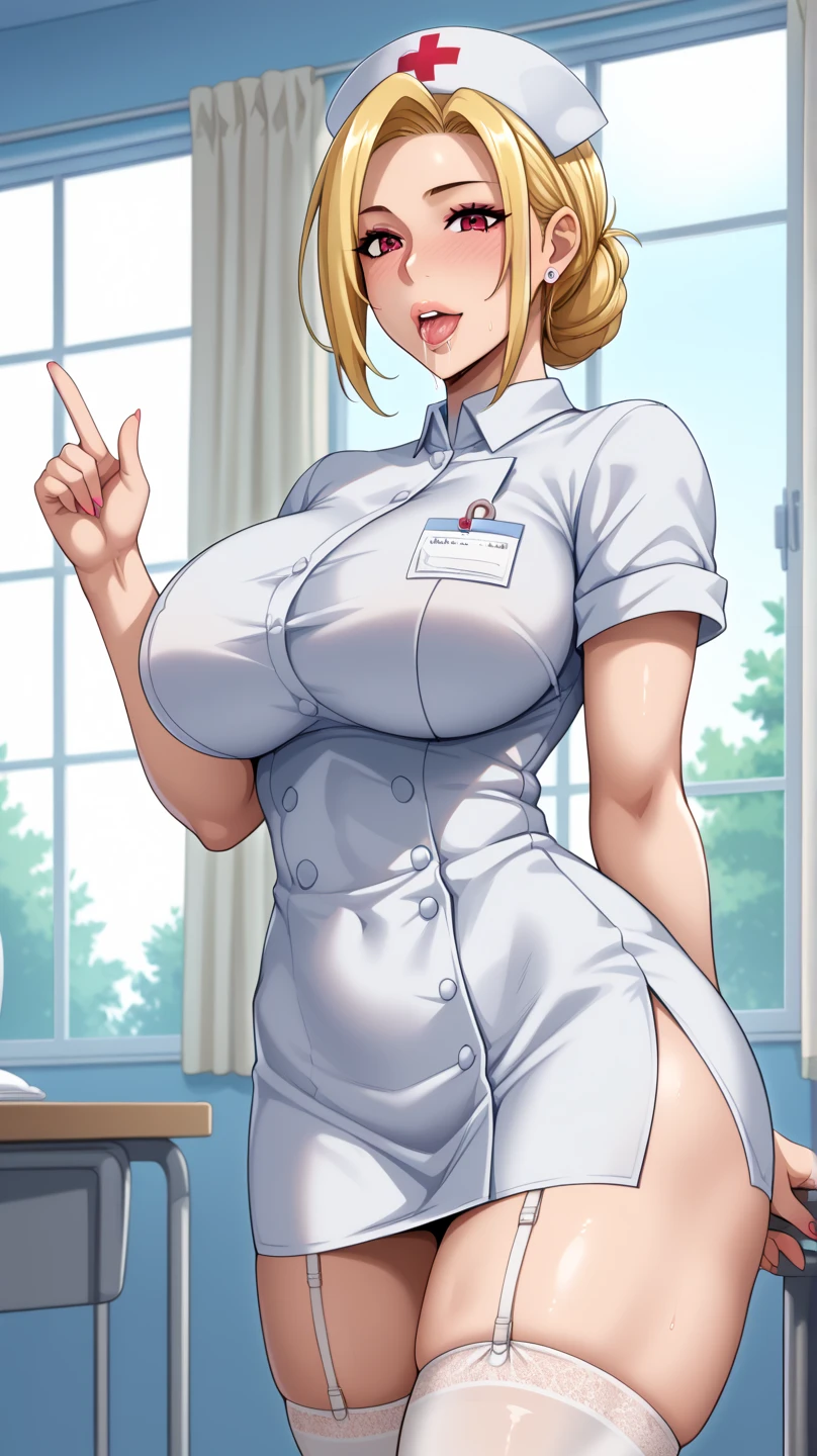 (best quality:1.5, highres, UHD, 4K, detailed lighting, shaders, perfect hand anatomy), blonde straight hair, busty, nurse outfit, cleavage, thighs, smiling, pov, close shot, standing, hospital background
