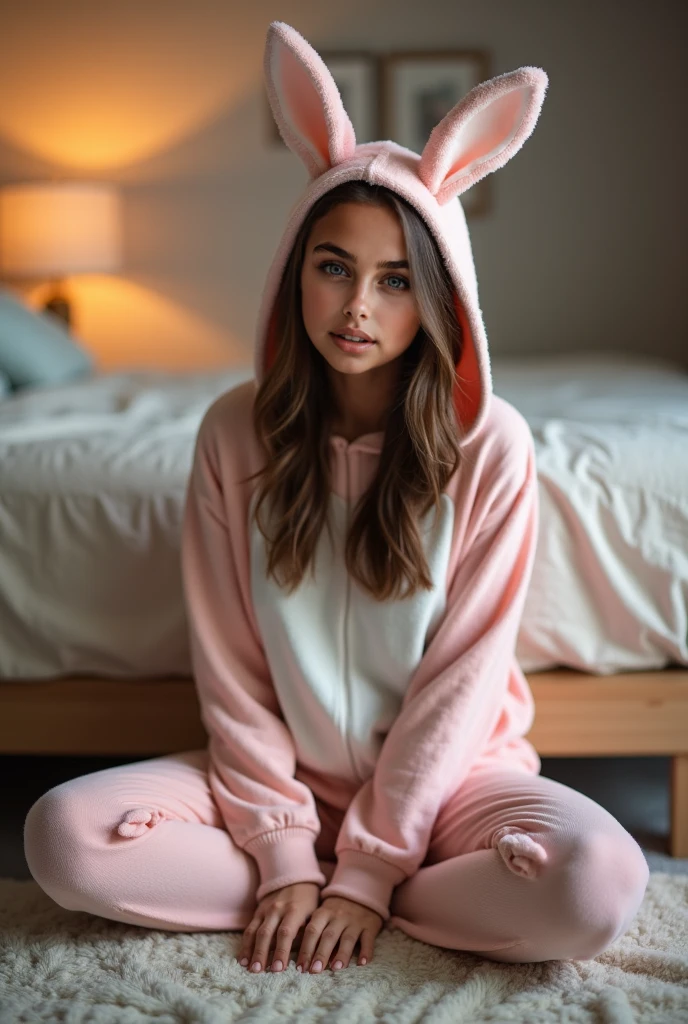 A casual, close-up shot, slightly out-of-focus photo with a faded, vintage feel: A pretty young woman ressemble fusion of Lily Collins and Ellie Bamber, in her bedroom, wearing a full-body plush unicorn tight costume. The scene is bathed in soft, natural light filtered through the window, casting subtle shadows. The girl's expression is alluring, as she poses cutely on the bed. She has pretty face, full lips, thin waist, slender features, bare legs. The photo has a slightly voyeuristic, documentary-style quality, as if captured spontaneously. The background includes posters on the wall, personal belongings, adding to the realistic and intimate atmosphere.