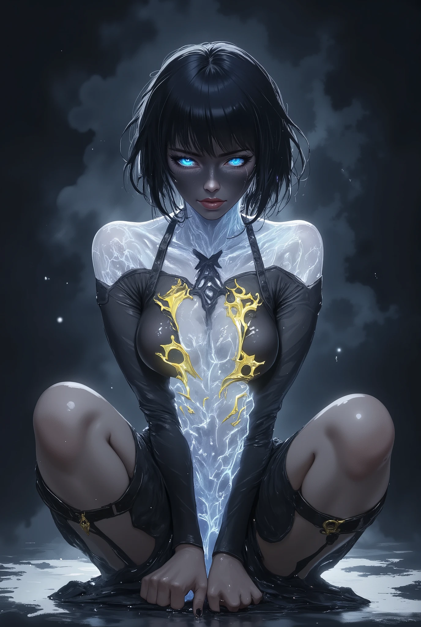 masterpiece, best quality, amazing quality, hyper-detailed, very aesthetic, ultradetailed, high detailed picture, look at you, dynamic pose, dynamic angle, seductive, (a ghostly, haunting, aesthetic nightmare), solo, detailed face, melancholic expression, dark smoky atmosphere, moody lighting, intricate details, cinematic composition, dark fantasy, surreal, digital art, rounded face, black hair, short hair, two sides down, look at you, Glitch Art, yellow accent, half body shot, Greg Capullo style