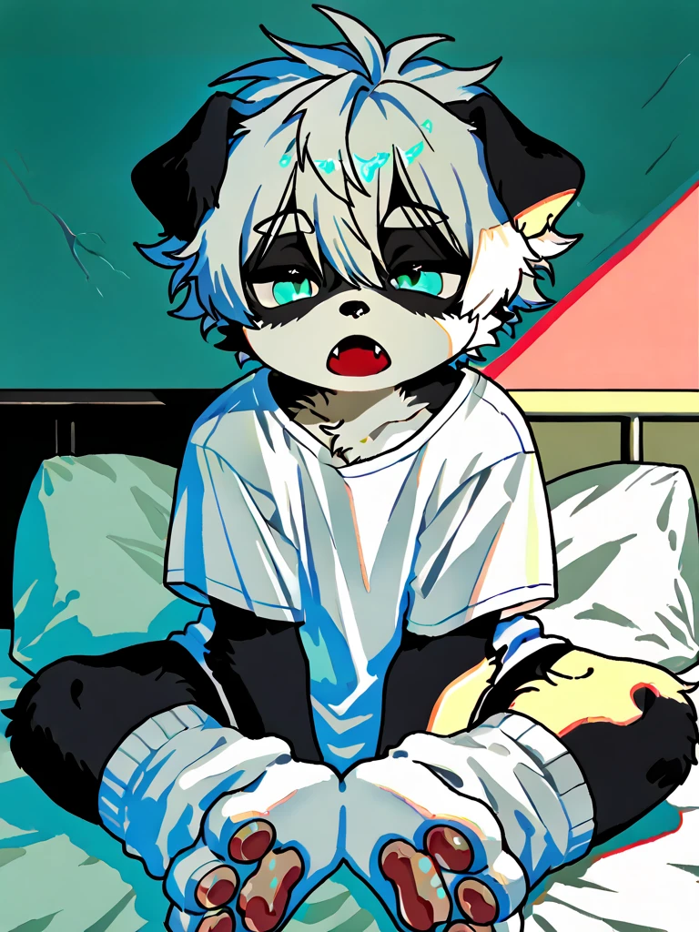 Teenage boy, short black hair, with bangs covering the right eye, wearing black emo clothes, wearing a cap and headphones, holding a Sonic doll, with a sad face, lying on a bed.