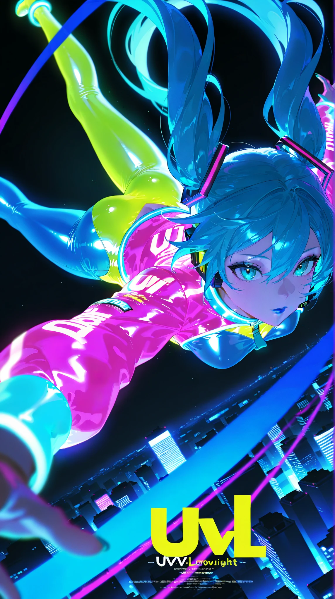 mima kirigoe, 1girl, solo, Joy vibe, A mesmerizing digital artwork in a retro-futuristic artstyle: An androgynous figure with glowing neon hair, wearing a high-tech bodysuit adorned with circuitry, immersed in a vibrant, flickering cityscape at night, 1990s \(style\), retro artstyle