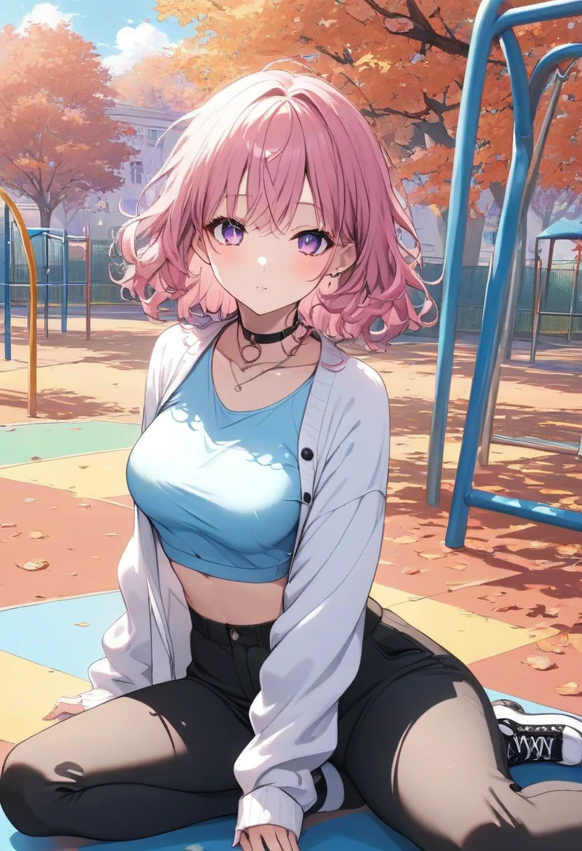 score_9, score_8_up, score_7_up,source_anime, BRAKE by tomose_shunsaku, 1girl, solo, loli, loli oppai, mesugaki, star-shaped pupils, mole under eye, camisole, pointy huge breasts, perky breasts, slender body, jacket, short pants, kneehighs, sneaker