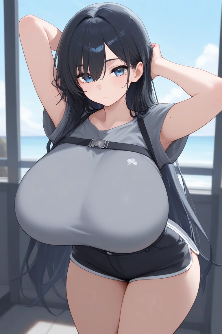 1girl, huge breasts, white skin, fat, fat legs huge thighs, huge hips, smug smile, barefoot, full body view, tight shorts, no shirt,