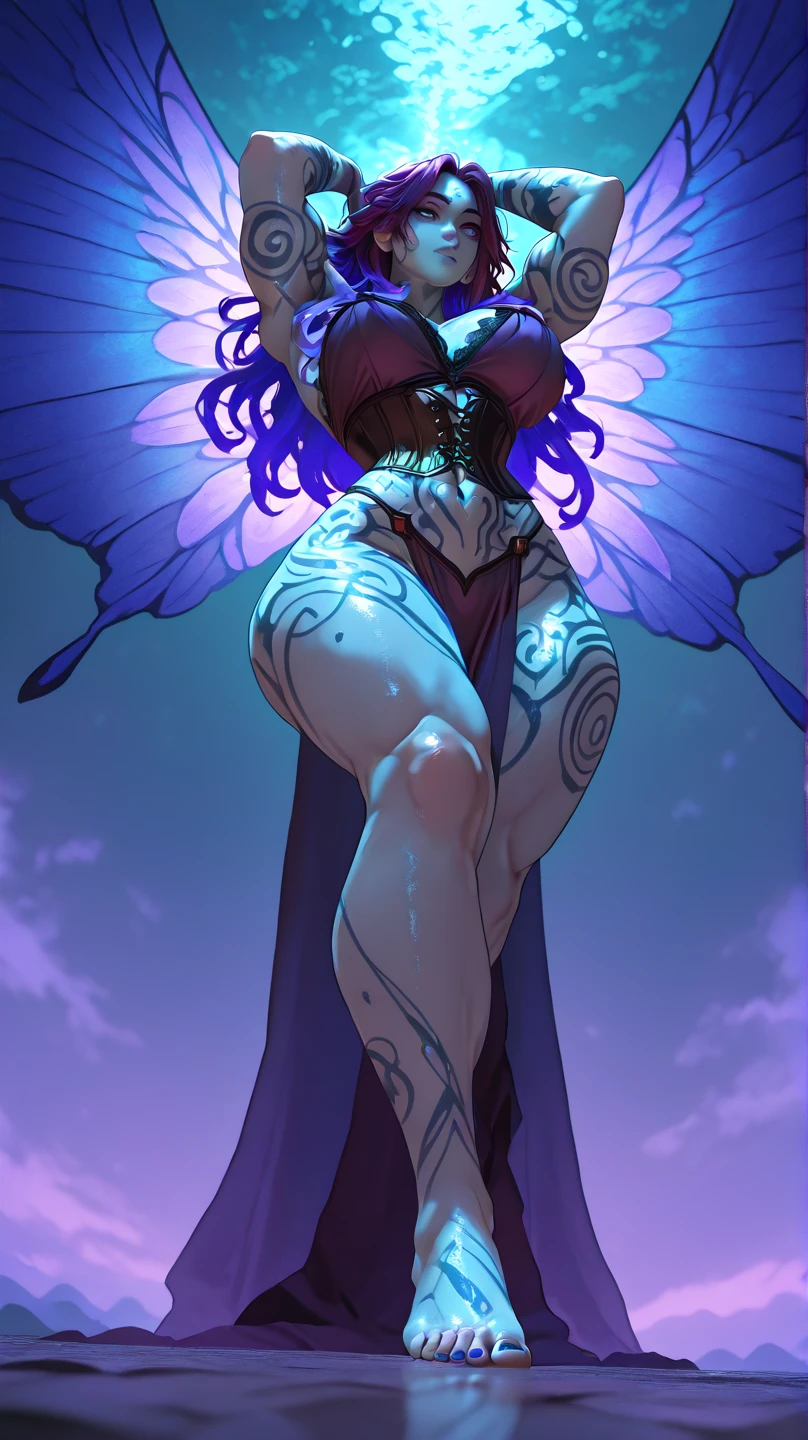 (4k, masterpiece,best quality,ultra-detailed,realistic:1.37), (solo), (A furry cosmic goddess), (anthro calico cat), (hooves), (forward facing horns), (nude), (detailed face), (detailed eyes), (detailed lips), (long eyelashes), (bald), (ethereal body), (rainbow colored fur), (glowing skin), (full body tattoos), (intricate details), (detailed fur), (cosmic fur), (glowing stars), (embarrassed expression), (shy expression), (nude), (nipples), (pussy), (muscular female), (muscular arms), (muscular legs), (muscular feet), (muscular thighs), (big breasts), (massive breasts), (wide hips), (big butt), (big hips), (scorpion tail), (cosmic wings), (energy wings), (tall figure), (curvy figure), (thick figure), (bulky figure), (standing), (outside), (outdoor), (public), (full body photo)