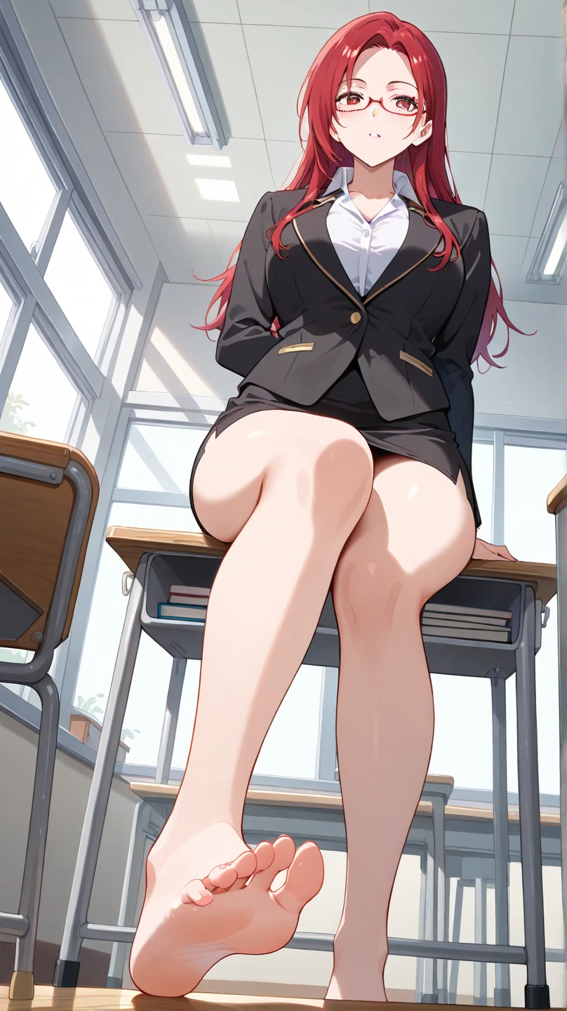 2d, masterpiece, best quality, anime, highly detailed, 1girl, solo, monika, green eyes, very long hair, ponytail, school uniform, straight-on, smile, (full body:1.5), giantess, smile, (from below:1.5), thick thighs, looking down at viewer, upskirt, (large breasts:1.3), field, (looming:1.3), mature female, high quality, hd quality, masterpiece, photorealistic, (presenting foot, shoe soles, close-up foot:1.3), intense angle, :d, (sitting on desk:1.6), very low angle, female pervert, toragao, (sitting:1.5), (white undershirt, orange sweater:1.2), (brown jacket:1.4), (absolute territory, black thighhighs:1.4), (uwabaki:1.5), full body in frame, (classroom, indoors:1.3), clasroom desk, blue skirt, (hand on desk:2), (one hand at side:1.6), (licking lips, licking own lips:1.1), (sweat:1.2), anime girl sitting on a desk with her legs crossed, hyperrealistic schoolgirl, realistic schoolgirl, a hyperrealistic schoolgirl, seductive anime girl, smooth anime cg art, thighs close up, thighs!!!, beautiful anime girl squatting, commission for high res, large thighs, extremely detailed artgerm, sitting on a desk, on a desk